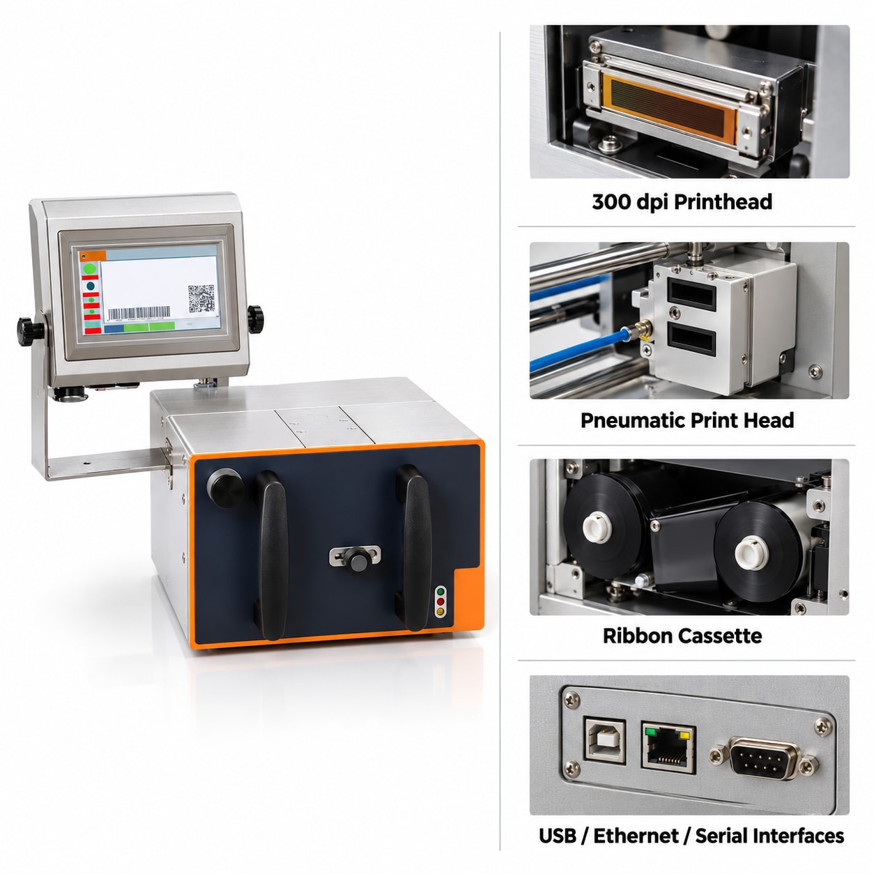 Thermal Transfer Overprinter Price in India | 32mm 300dpi TTO Coder for Flexible Film — ₹1,70,000 — heavy-duty SS 304 food-grade construction & conveyor setup