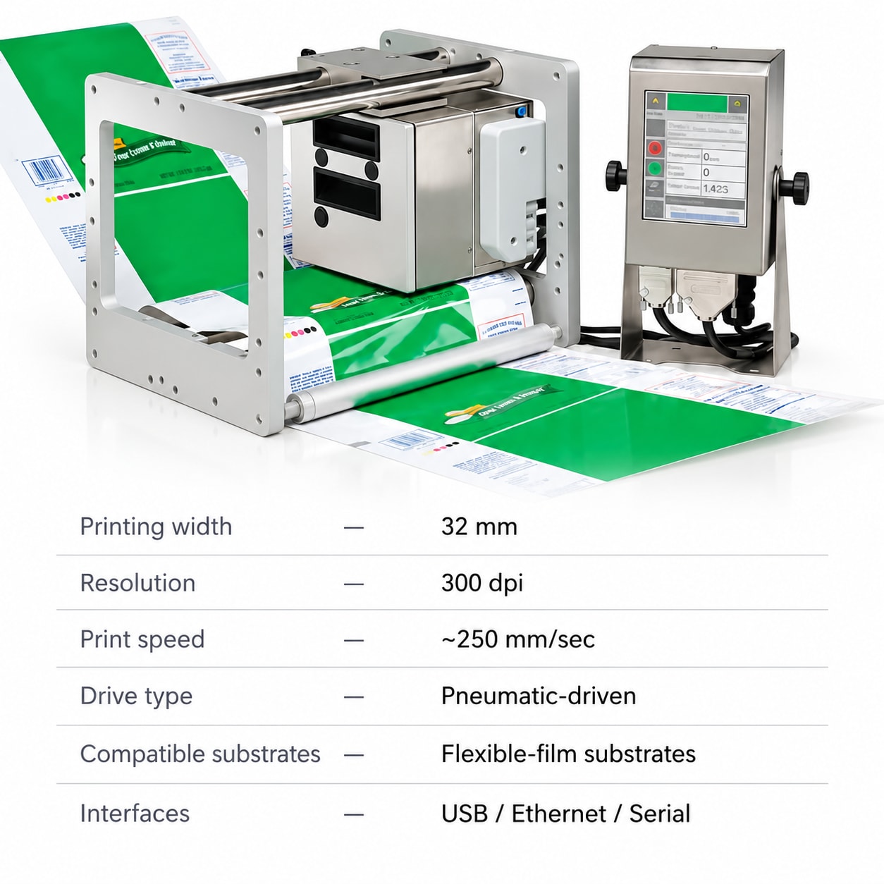 Thermal Transfer Overprinter Price in India | 32mm 300dpi TTO Coder for Flexible Film — ₹1,70,000 — packaging equipment technical specifications and build view 5 by New Vision Machines Indore