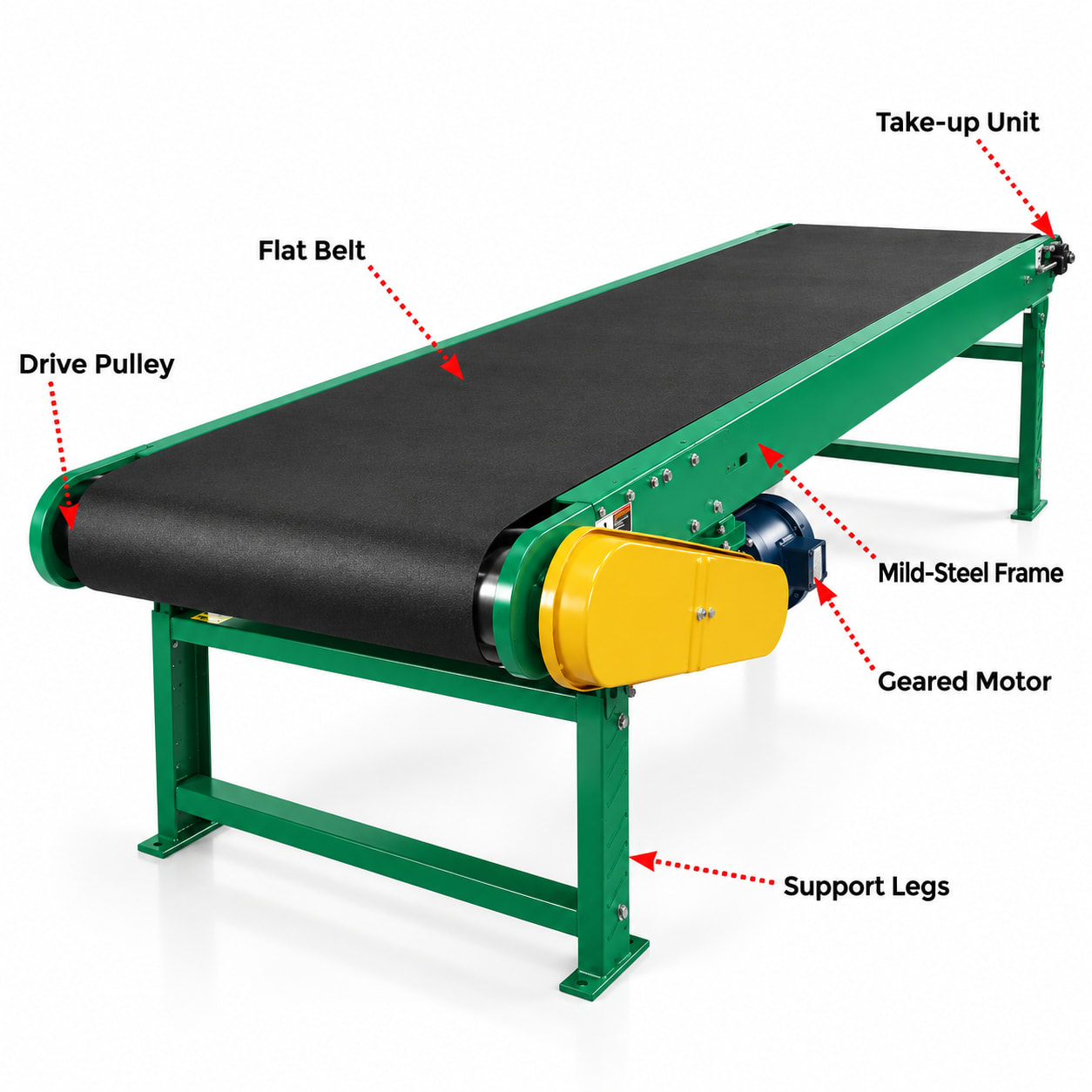Heavy Duty Belt Conveyor for Packaging — 20 ft Flat Belt Line, 50 kg/ft MS Frame — precision nozzles, filling heads & mechanical assembly