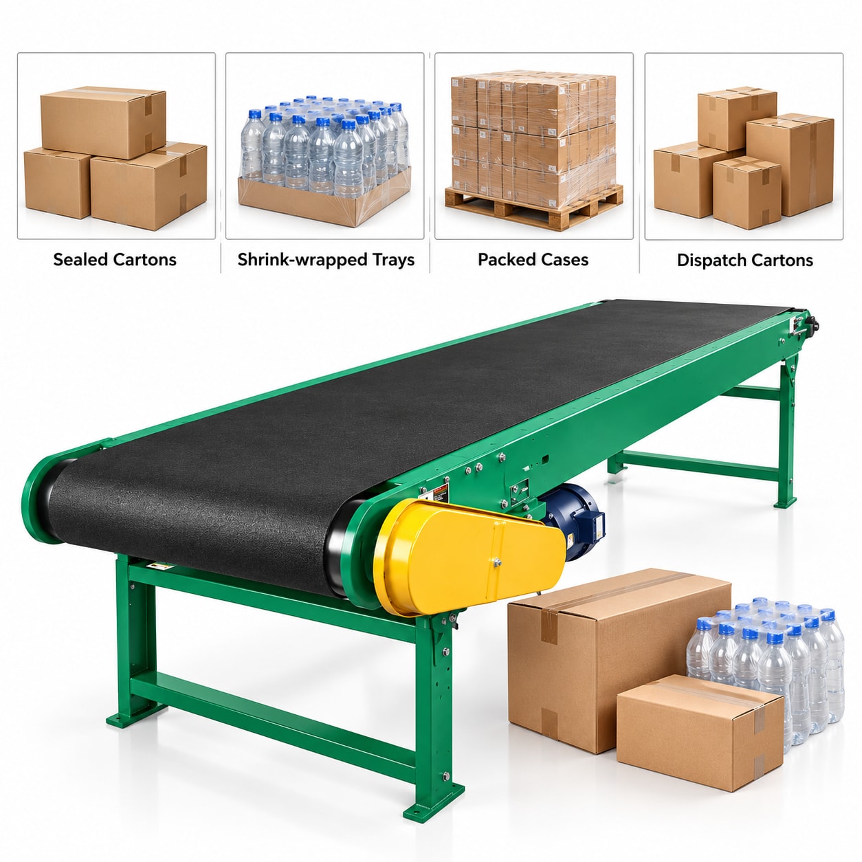 Heavy Duty Belt Conveyor for Packaging — 20 ft Flat Belt Line, 50 kg/ft MS Frame — Delta PLC touch screen & automated control panel layout