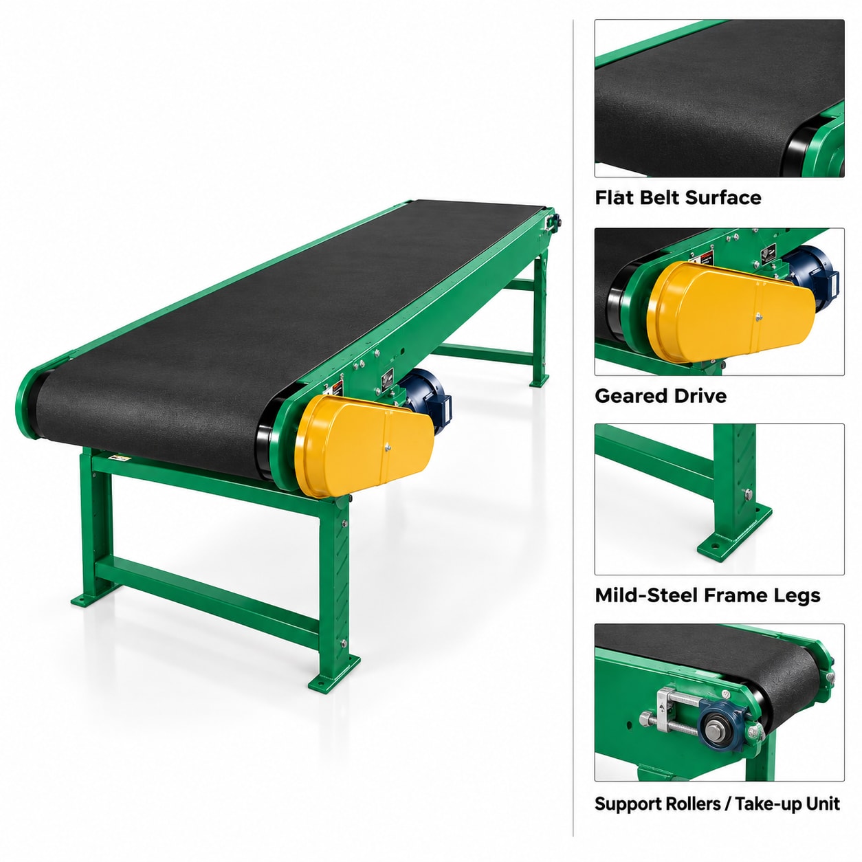 Heavy Duty Belt Conveyor for Packaging — 20 ft Flat Belt Line, 50 kg/ft MS Frame — heavy-duty SS 304 food-grade construction & conveyor setup
