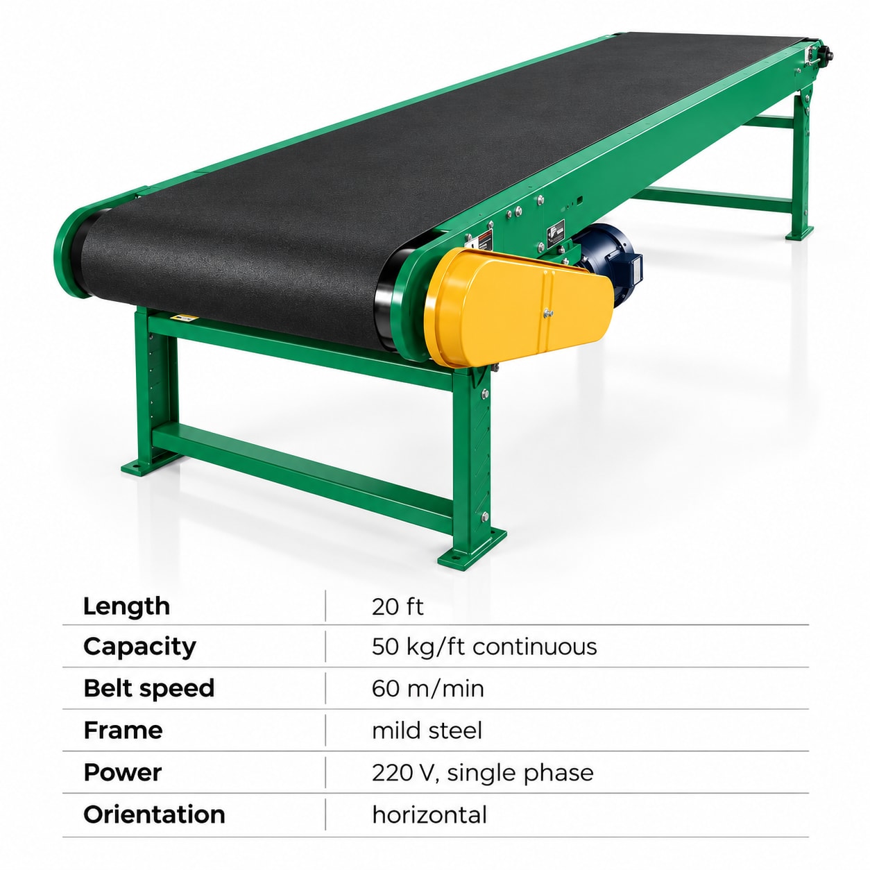 Heavy Duty Belt Conveyor for Packaging — 20 ft Flat Belt Line, 50 kg/ft MS Frame — packaging equipment technical specifications and build view 5 by New Vision Machines Indore