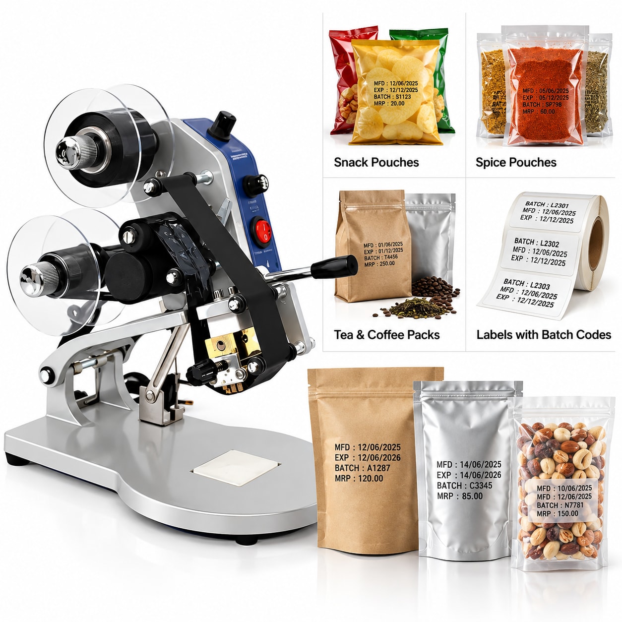 Manual Hot Ribbon Batch Coding Machine for Pouches — Date, Batch & MRP Printing | Price in India — Delta PLC touch screen & automated control panel layout
