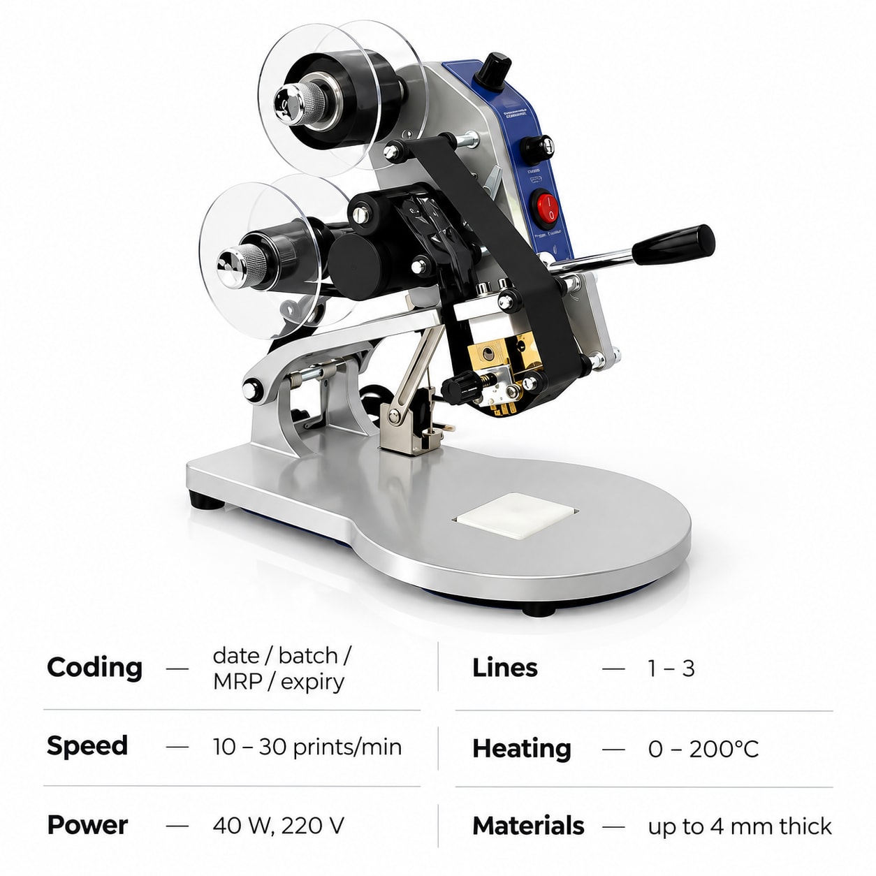 Manual Hot Ribbon Batch Coding Machine for Pouches — Date, Batch & MRP Printing | Price in India — packaging equipment technical specifications and build view 5 by New Vision Machines Indore