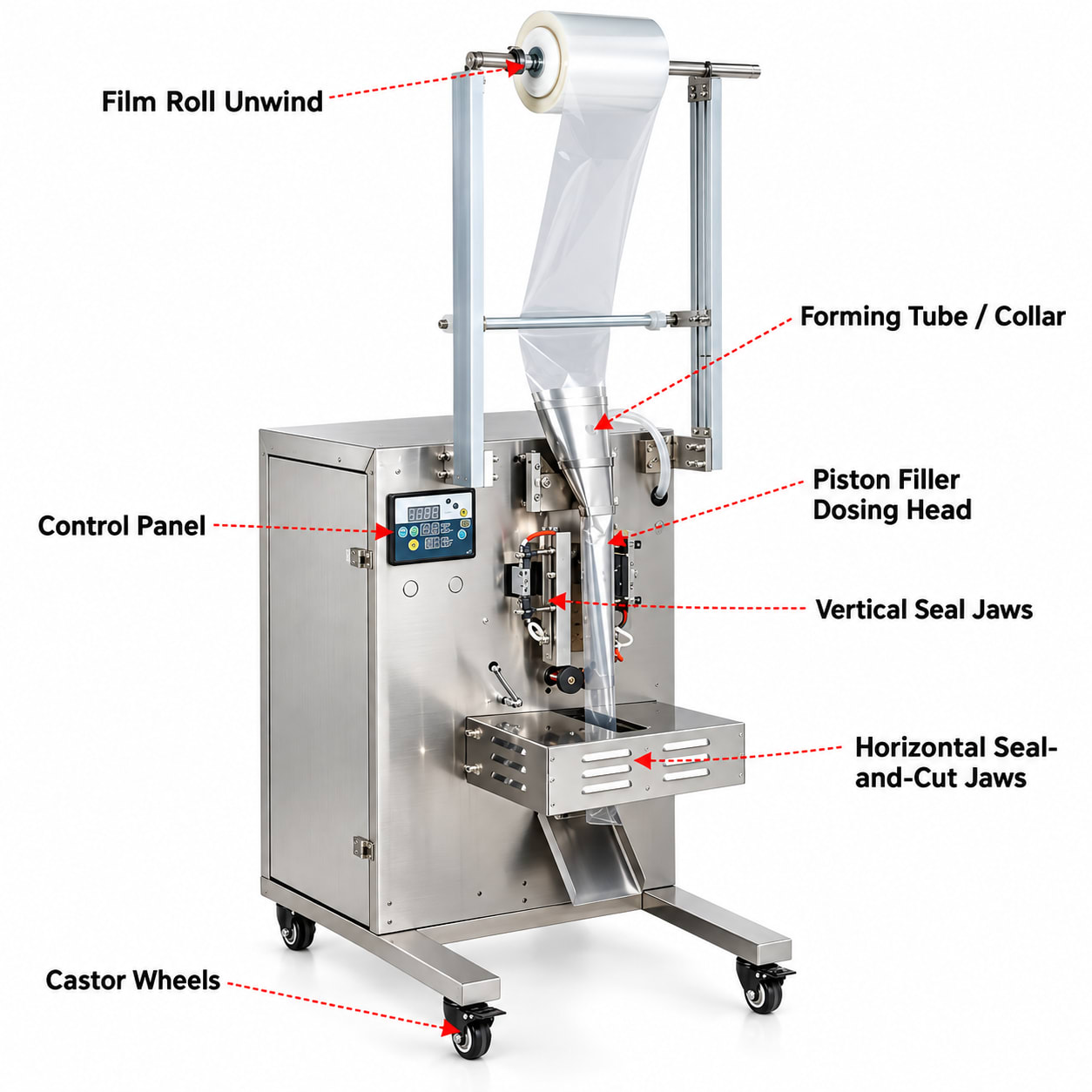 New Vision Machines Pepsi Packing Machine — Single-Lane Automatic Ice Pop & Chuski Pouch Packing Machine — precision nozzles, filling heads & mechanical assembly