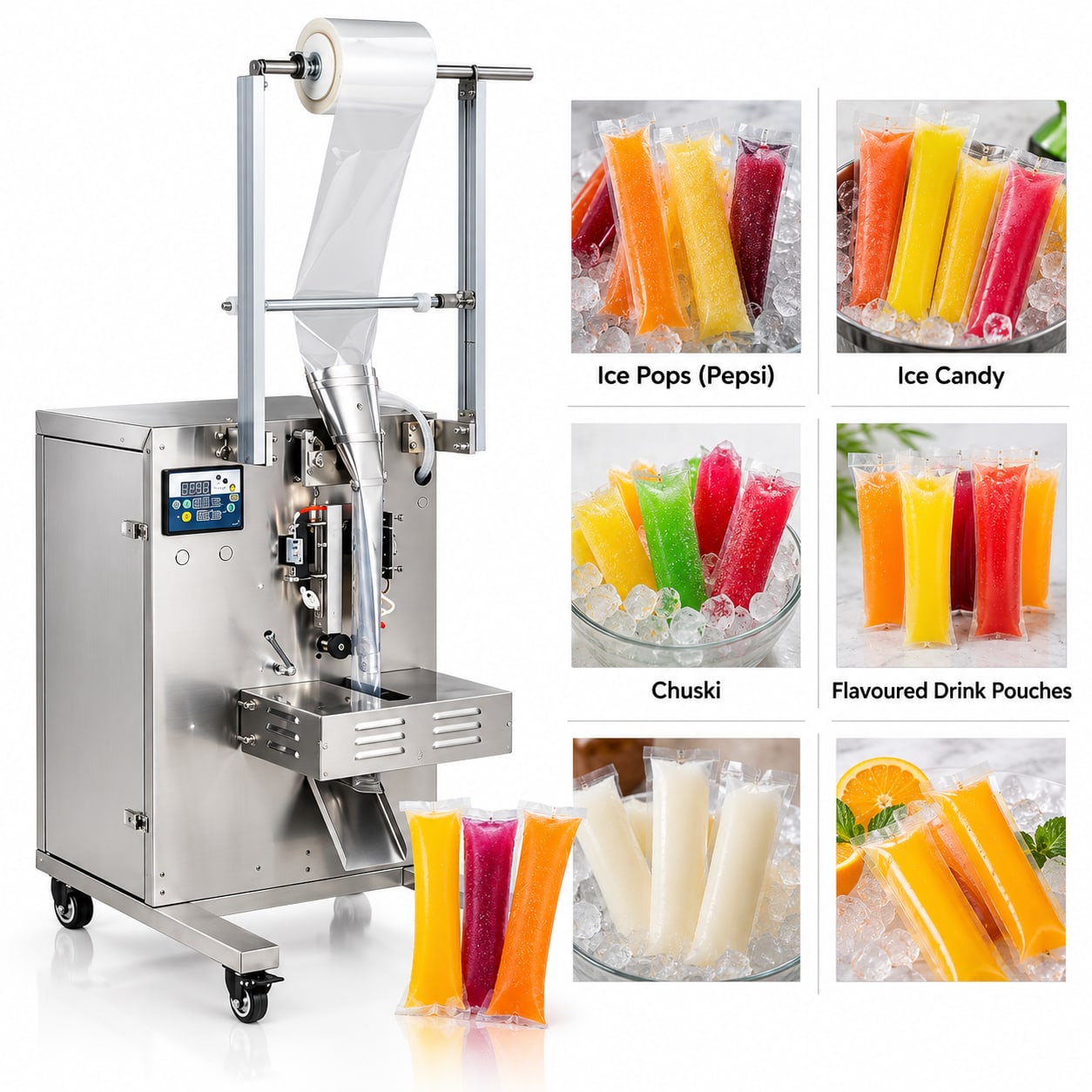 New Vision Machines Pepsi Packing Machine — Single-Lane Automatic Ice Pop & Chuski Pouch Packing Machine — Delta PLC touch screen & automated control panel layout