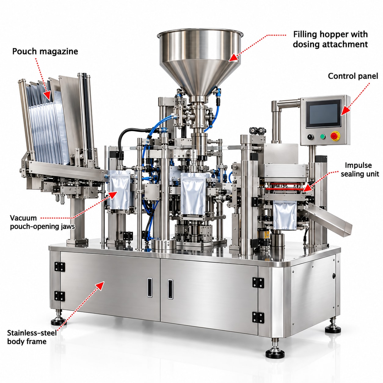 Premade Pouch Filling and Sealing Machine — Automatic Single-Station Pick-Fill-Seal, 10-20 Pouches/Min — precision nozzles, filling heads & mechanical assembly