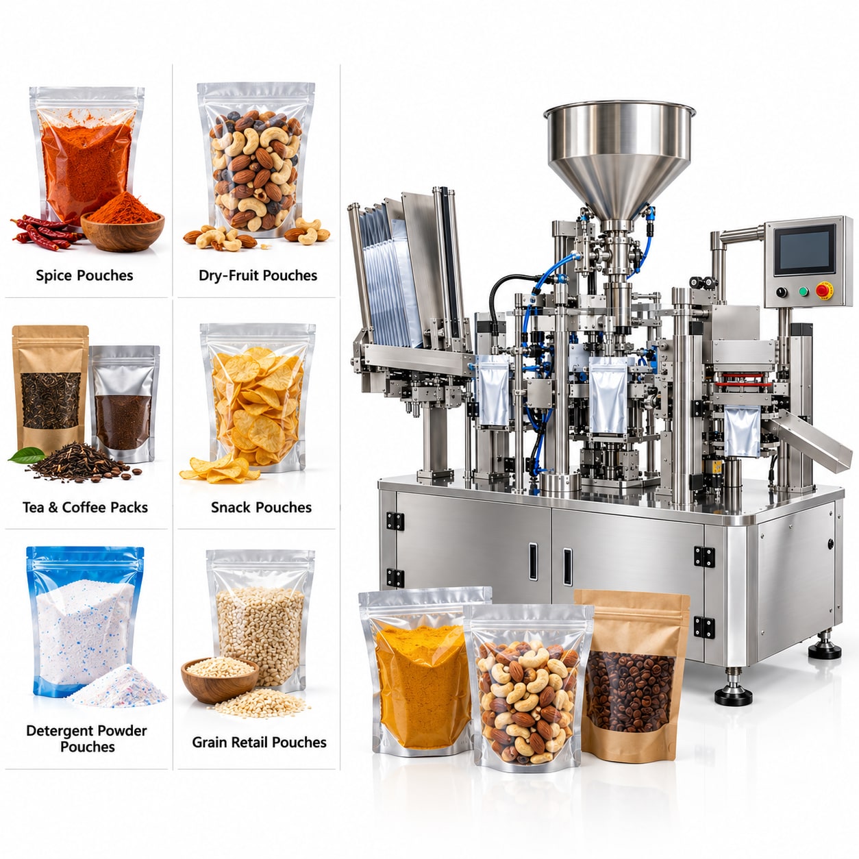 Premade Pouch Filling and Sealing Machine — Automatic Single-Station Pick-Fill-Seal, 10-20 Pouches/Min — Delta PLC touch screen & automated control panel layout