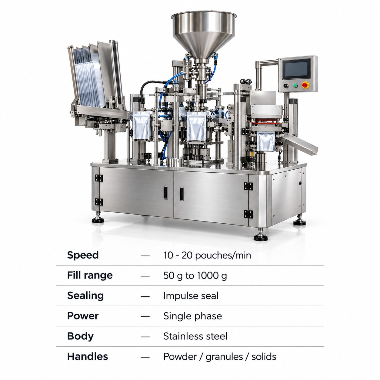 Premade Pouch Filling and Sealing Machine — Automatic Single-Station Pick-Fill-Seal, 10-20 Pouches/Min — packaging equipment technical specifications and build view 5 by New Vision Machines Indore