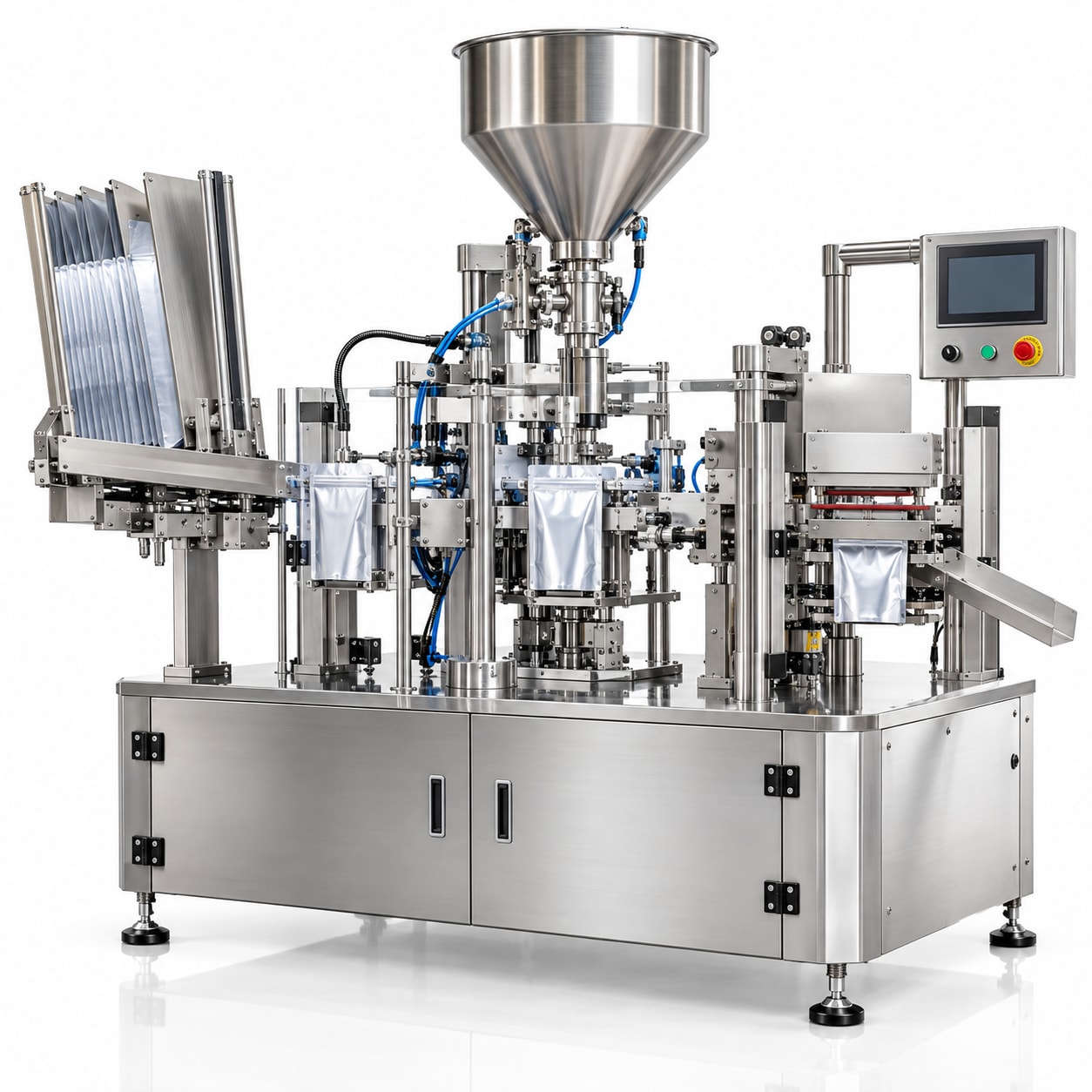 Premade Pouch Filling and Sealing Machine — Automatic Single-Station Pick-Fill-Seal, 10-20 Pouches/Min — Batch Coding Machine by New Vision Machines