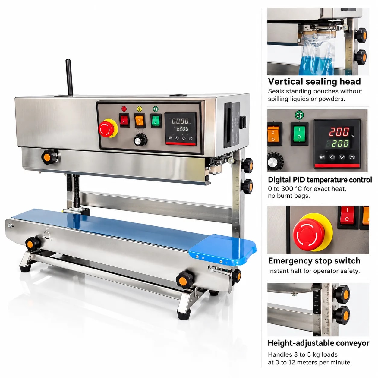Vertical Continuous Band Sealer (FR-900) for Standing Pouches — precision nozzles, filling heads & mechanical assembly