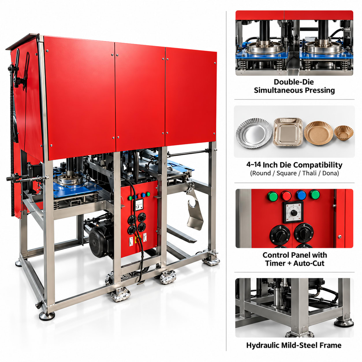 Automatic Double-Die Paper Plate Making Machine (Hydraulic, 20,000 Dona/Day) — heavy-duty SS 304 food-grade construction & conveyor setup