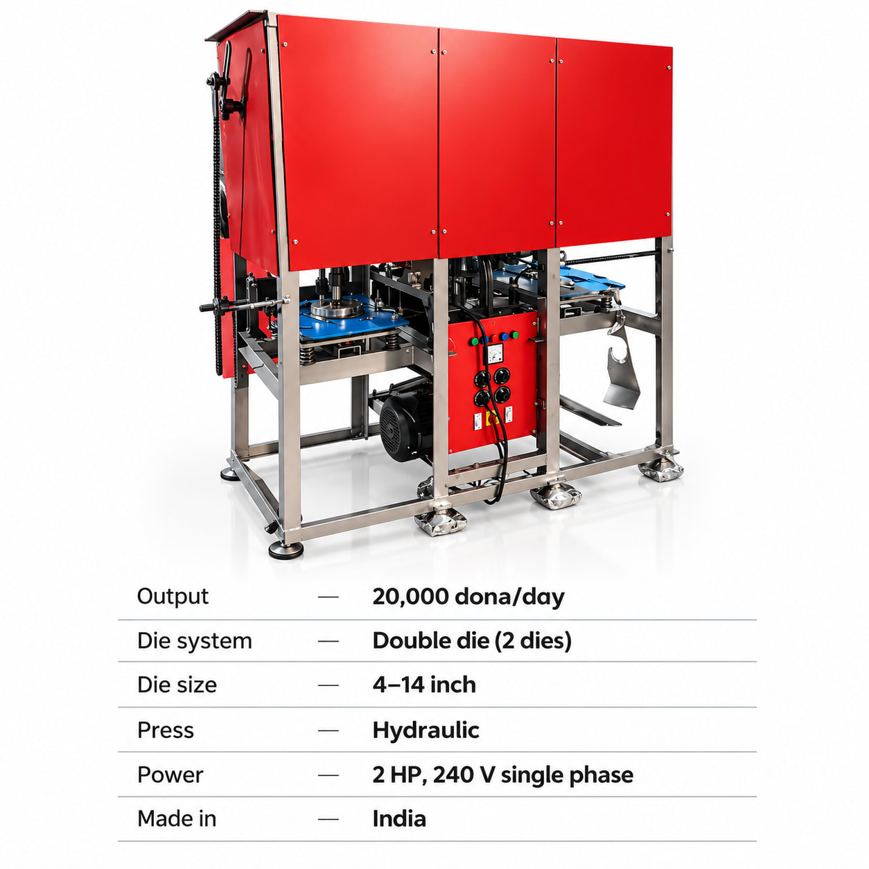 Automatic Double-Die Paper Plate Making Machine (Hydraulic, 20,000 Dona/Day) — packaging equipment technical specifications and build view 5 by New Vision Machines Indore