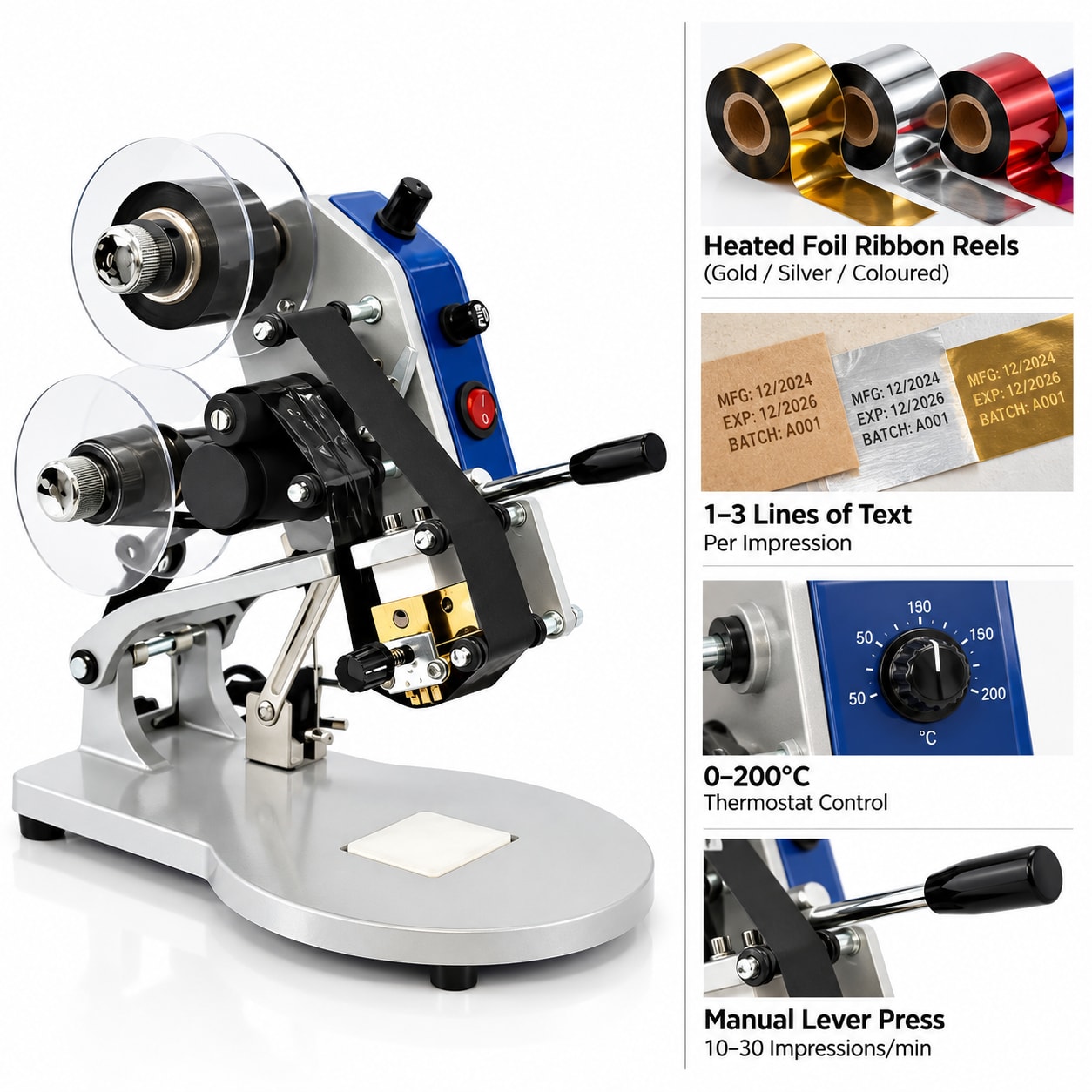 New Vision Machines Manual Hot Foil Ribbon Stamping Machine — Foil Stamper for Pouches & Paper Bags | Price in India — heavy-duty SS 304 food-grade construction & conveyor setup