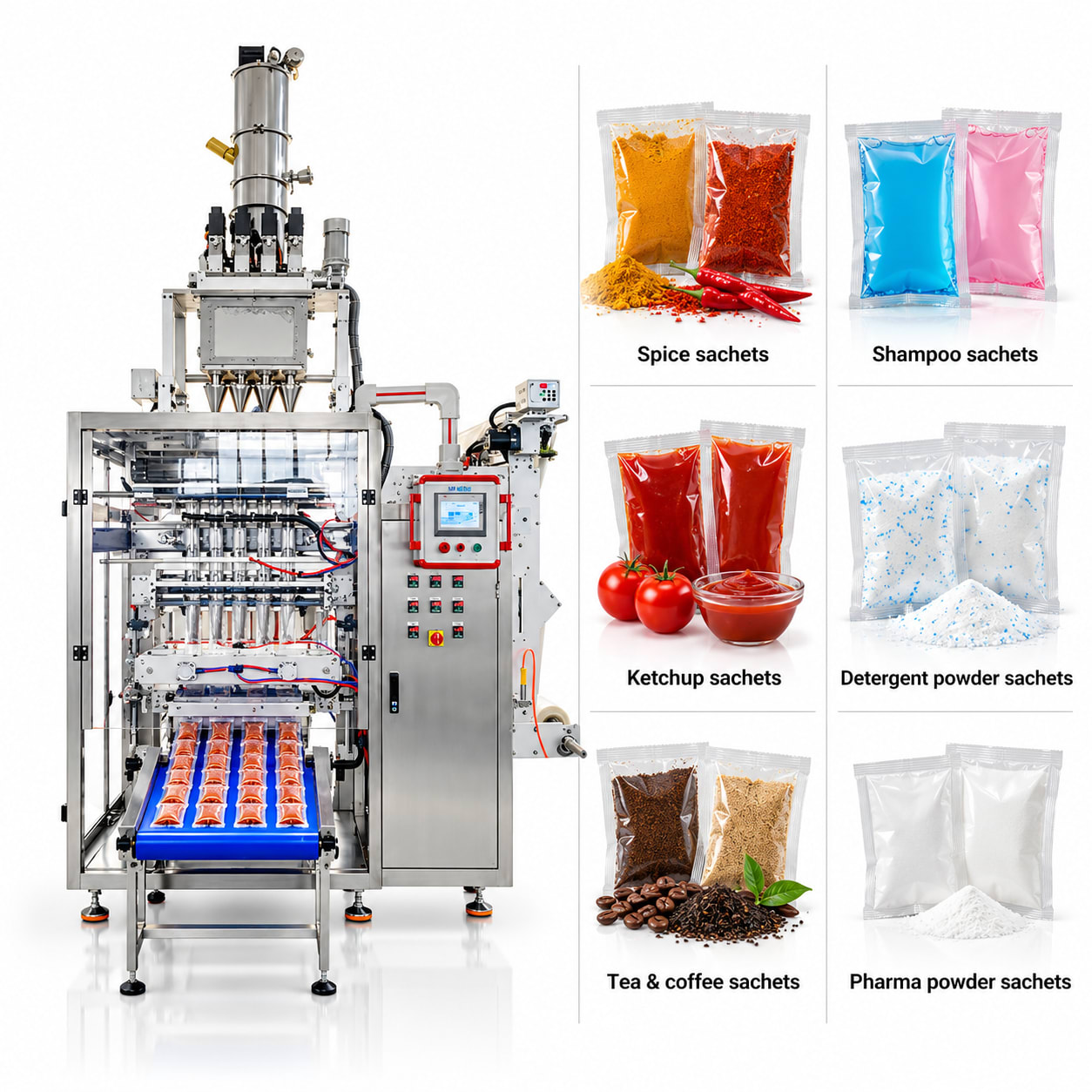 Multi-Lane Sachet Packing Machine (4–12 Lanes) — Automatic Four-Side Seal Flat Sachet Packer — Delta PLC touch screen & automated control panel layout