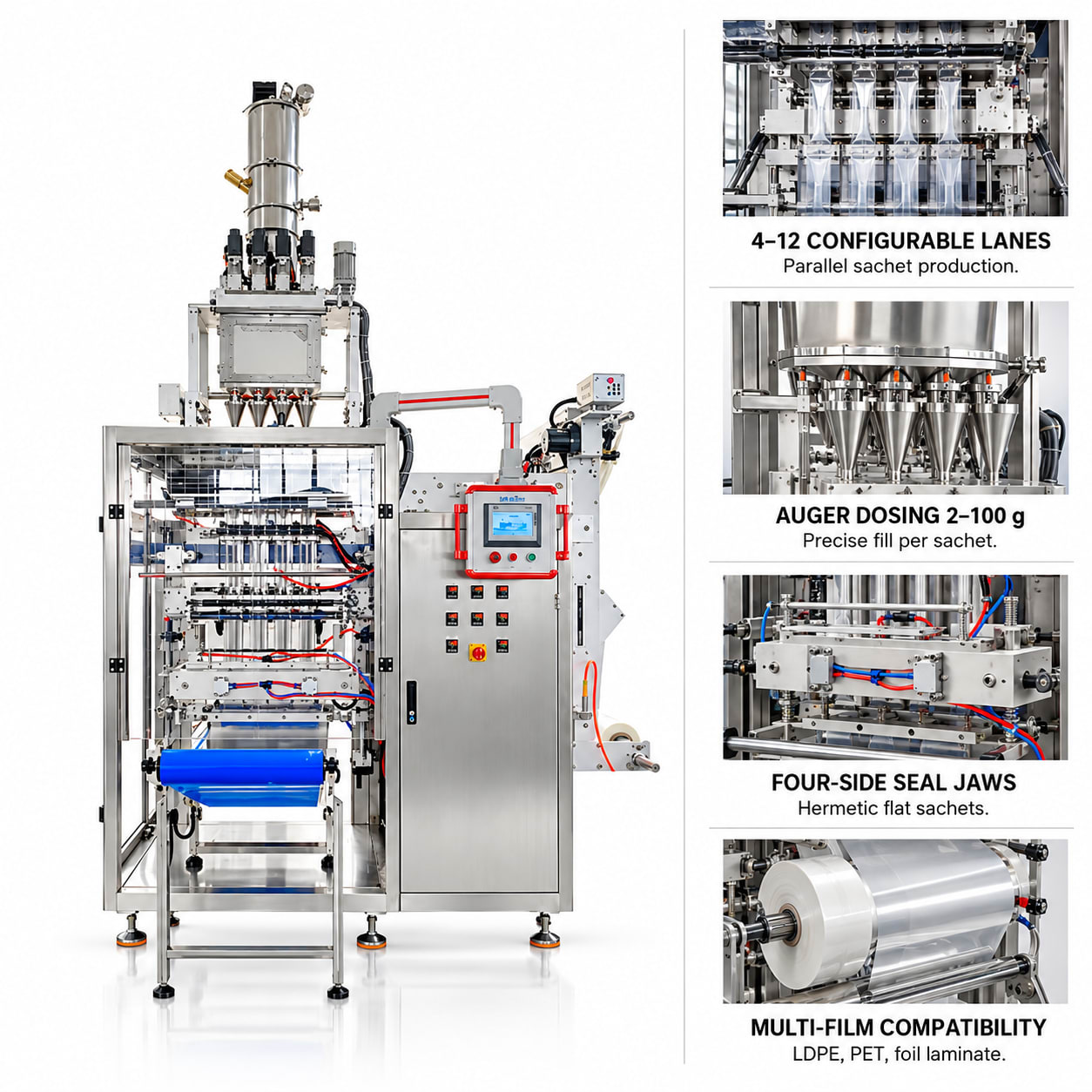 Multi-Lane Sachet Packing Machine (4–12 Lanes) — Automatic Four-Side Seal Flat Sachet Packer — heavy-duty SS 304 food-grade construction & conveyor setup