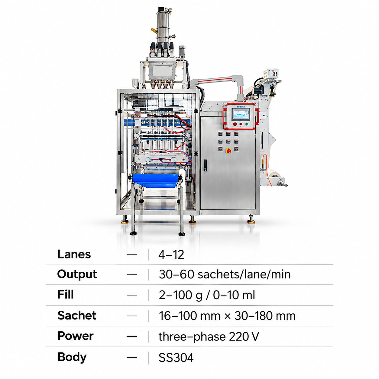 Multi-Lane Sachet Packing Machine (4–12 Lanes) — Automatic Four-Side Seal Flat Sachet Packer — packaging equipment technical specifications and build view 5 by New Vision Machines Indore