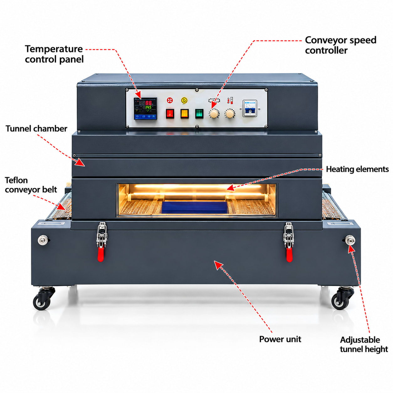 New Vision Machines Shrink Tunnel Machine 16x8 — 780×400×200 mm Tunnel, 0–12 m/min Conveyor — precision nozzles, filling heads & mechanical assembly