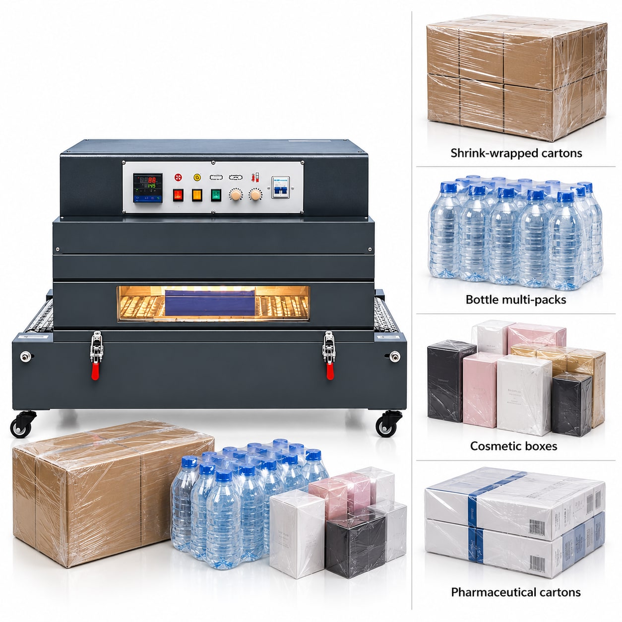 New Vision Machines Shrink Tunnel Machine 16x8 — 780×400×200 mm Tunnel, 0–12 m/min Conveyor — Delta PLC touch screen & automated control panel layout