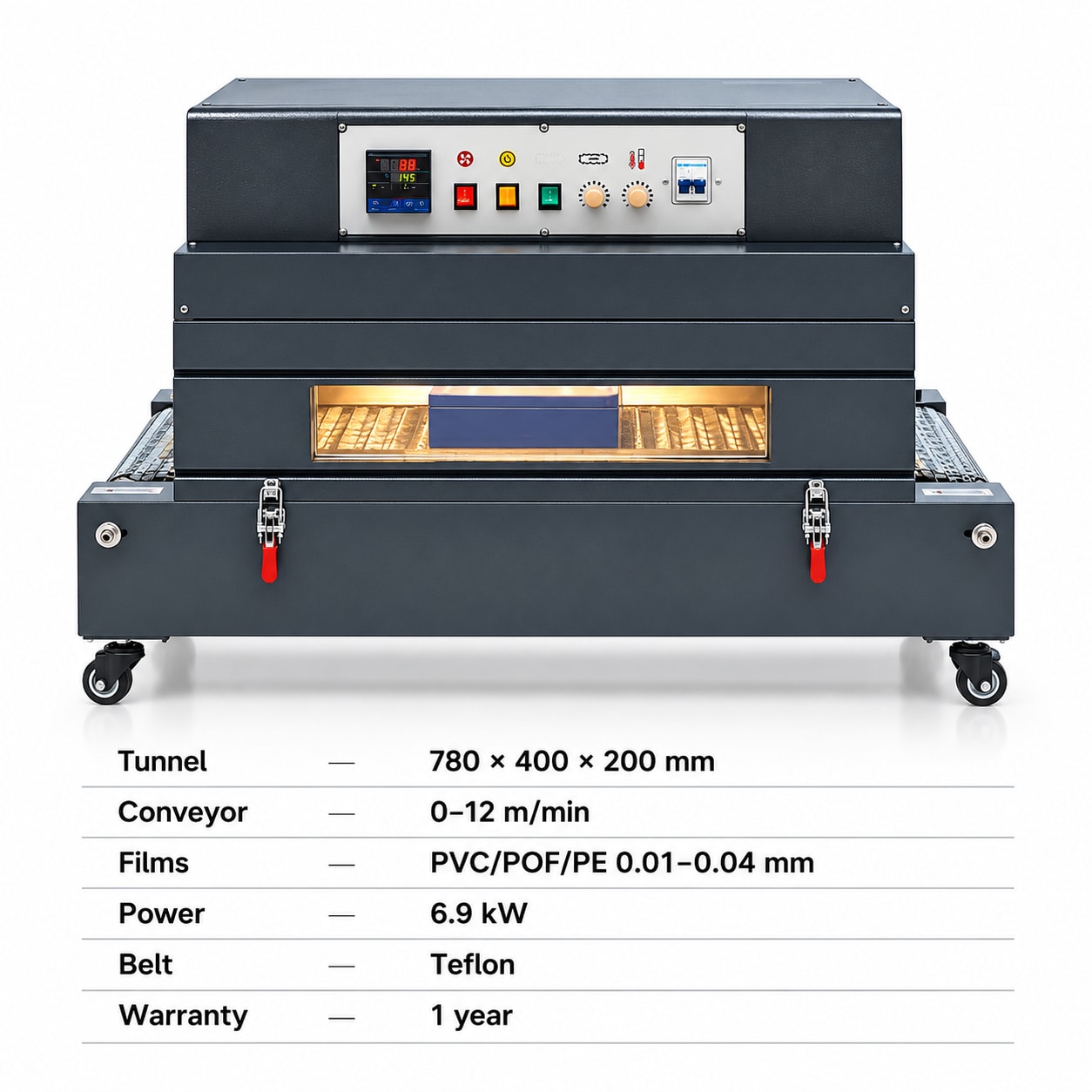 New Vision Machines Shrink Tunnel Machine 16x8 — 780×400×200 mm Tunnel, 0–12 m/min Conveyor — packaging equipment technical specifications and build view 5 by New Vision Machines Indore