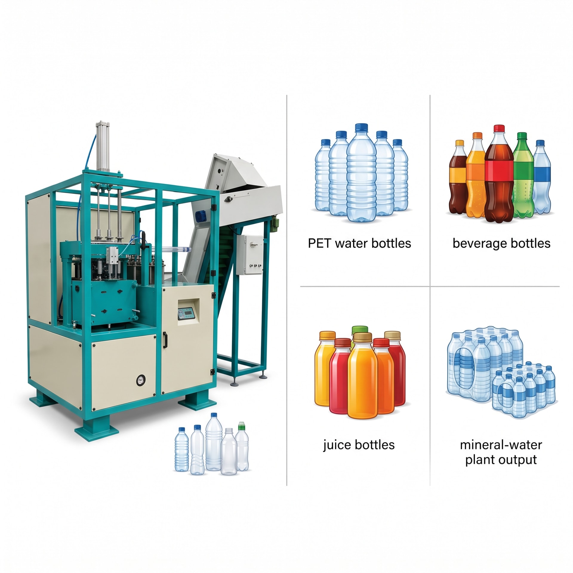 Automatic PET Bottle Blowing Machine — 2-Cavity, 1800 BPH for 200–2000 ml Bottles — Delta PLC touch screen & automated control panel layout
