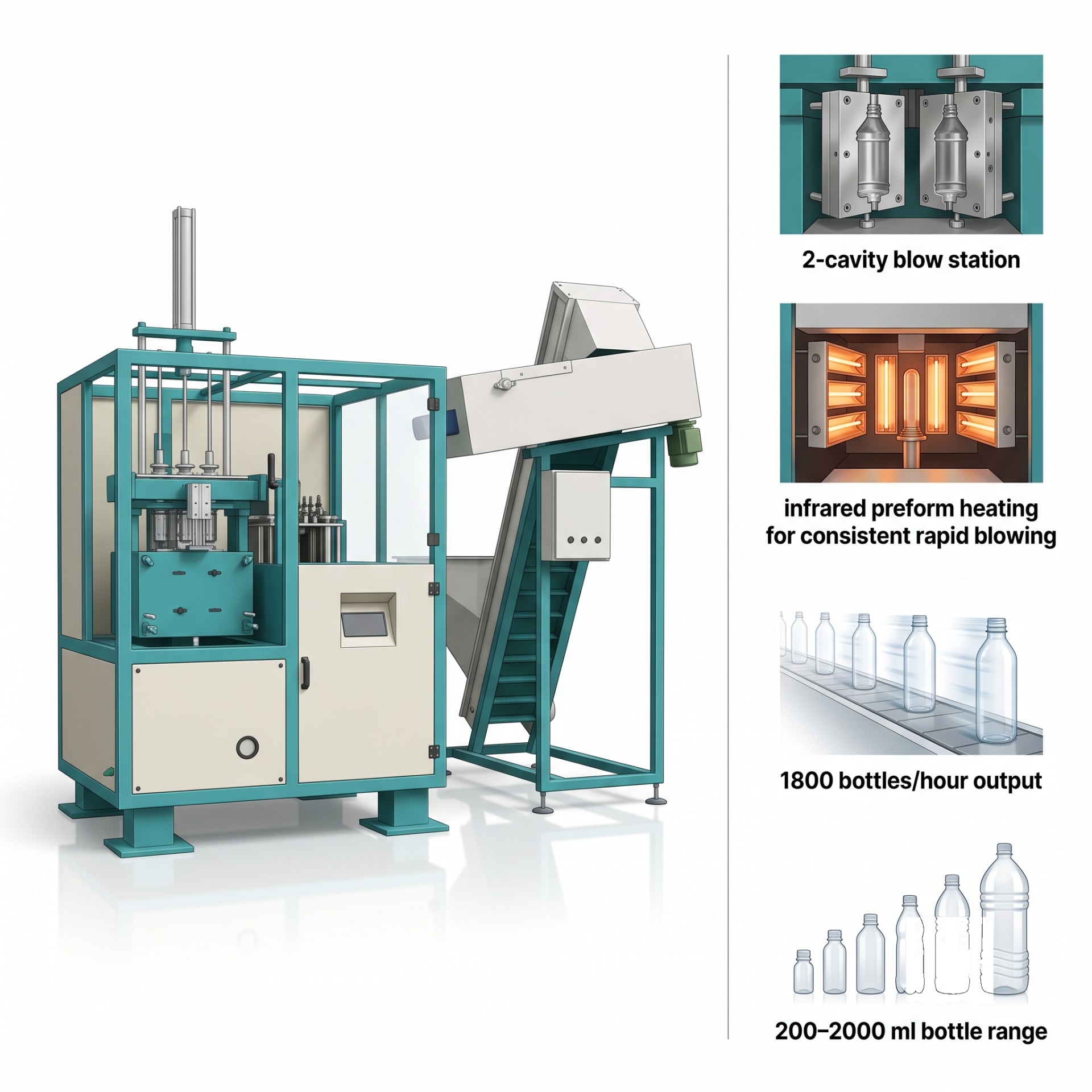 Automatic PET Bottle Blowing Machine — 2-Cavity, 1800 BPH for 200–2000 ml Bottles — heavy-duty SS 304 food-grade construction & conveyor setup