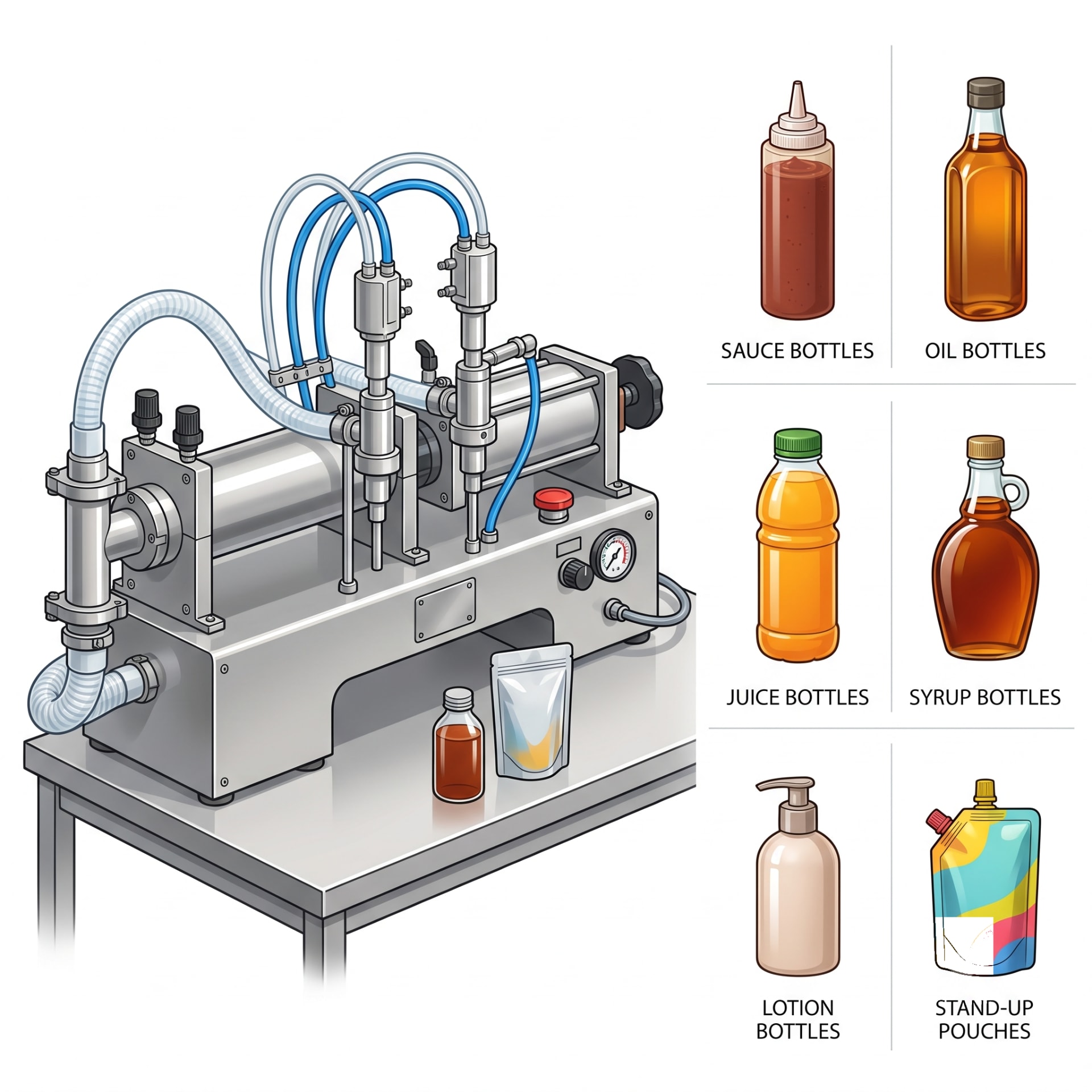 New Vision Machines Double-Head Pneumatic Liquid Filling Machine 100-1000 ml — 1200-2400 Bottles/Hour — Delta PLC touch screen & automated control panel layout