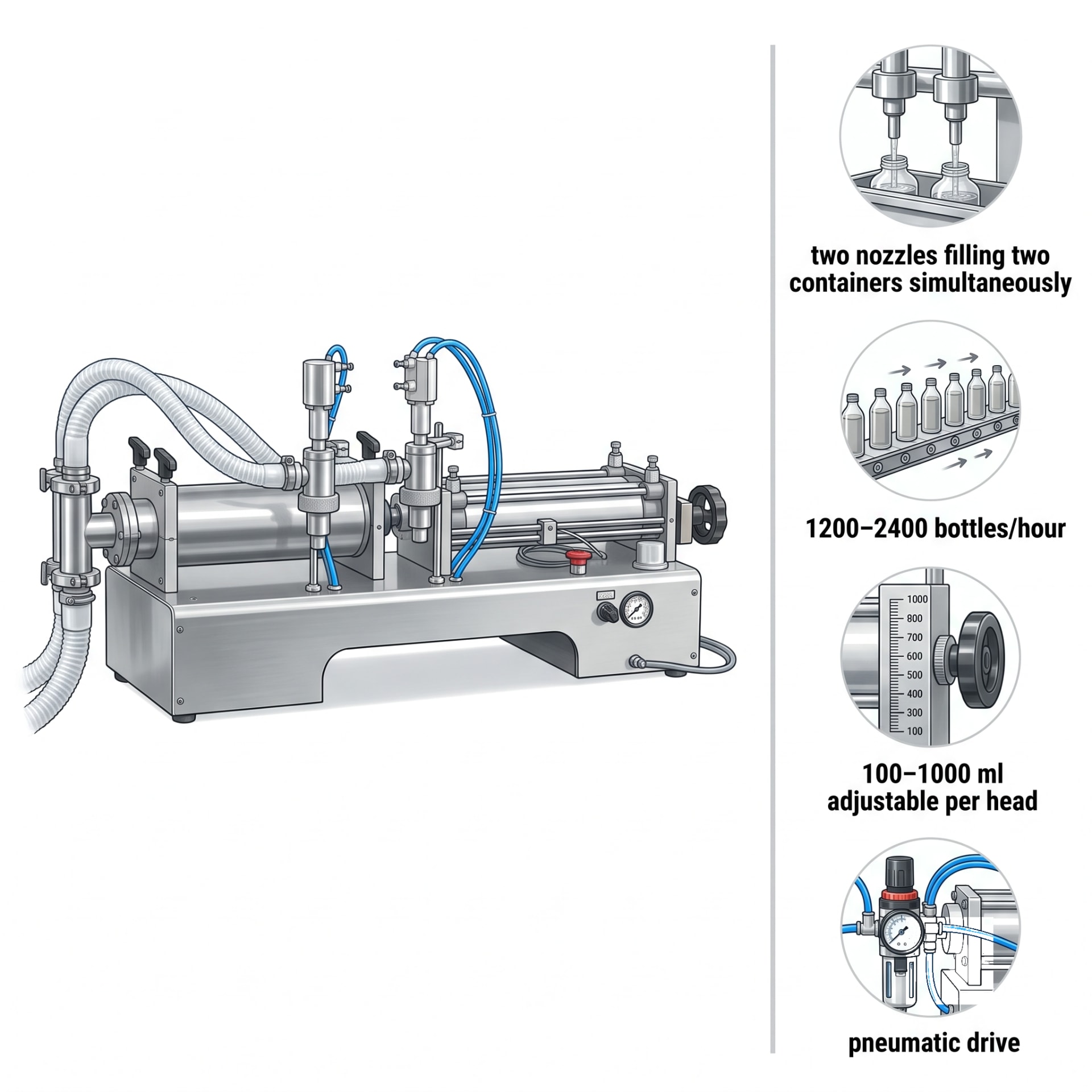 New Vision Machines Double-Head Pneumatic Liquid Filling Machine 100-1000 ml — 1200-2400 Bottles/Hour — heavy-duty SS 304 food-grade construction & conveyor setup