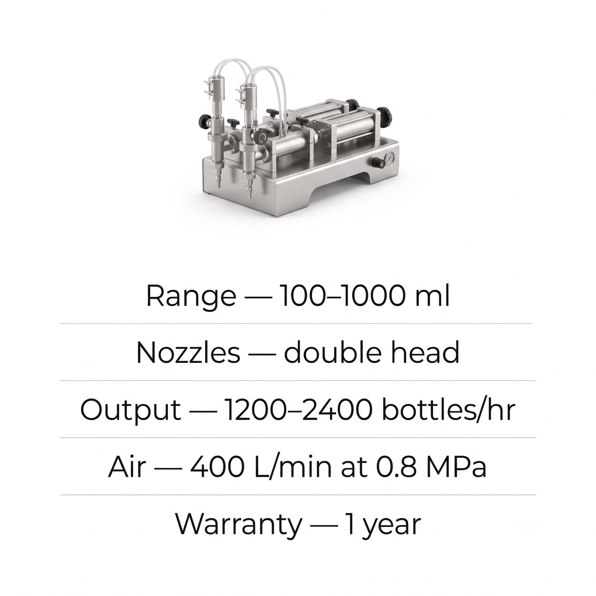 New Vision Machines Double-Head Pneumatic Liquid Filling Machine 100-1000 ml — 1200-2400 Bottles/Hour — packaging equipment technical specifications and build view 5 by New Vision Machines Indore