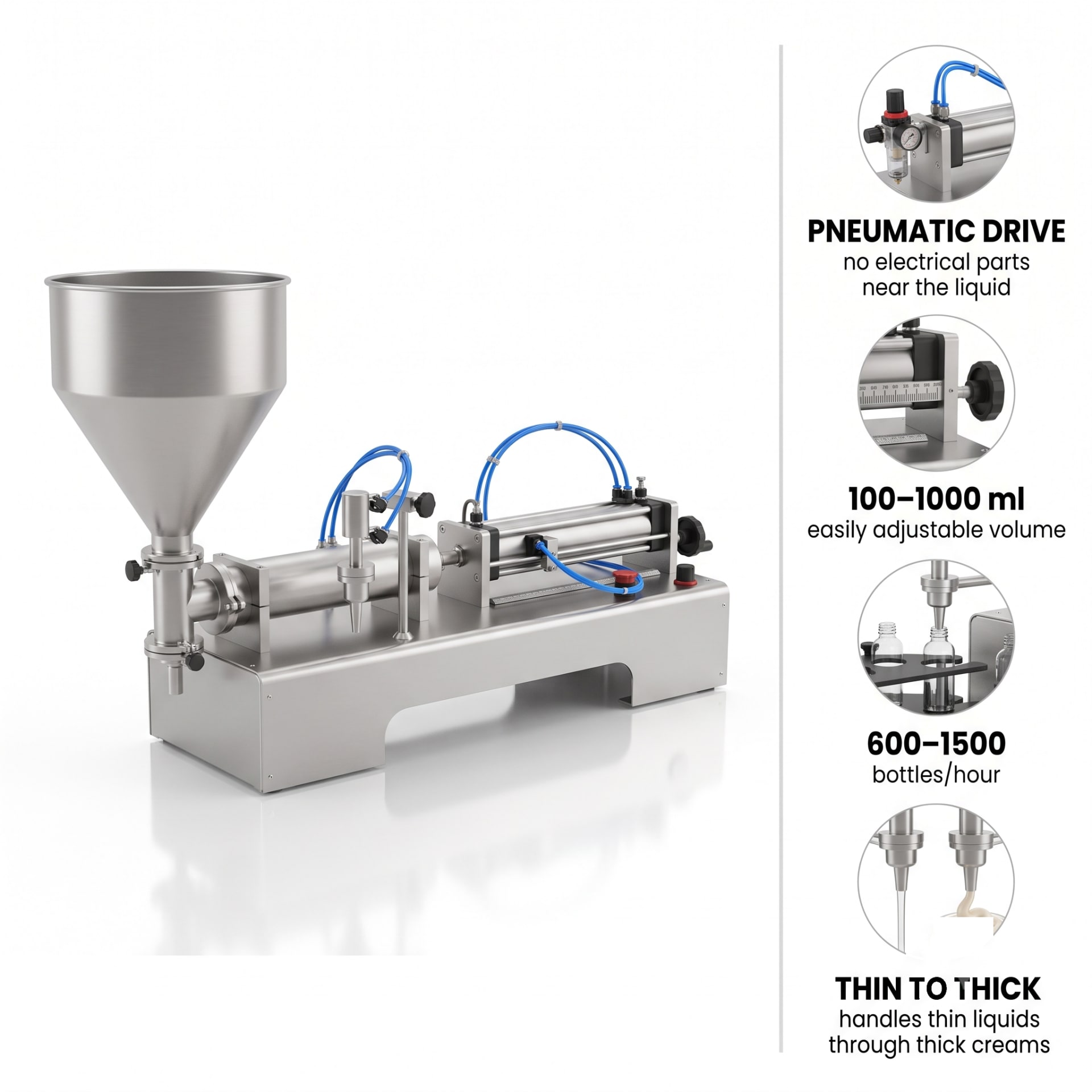 New Vision Machines Pneumatic Liquid Filling Machine 100-1000ml — Single Head — heavy-duty SS 304 food-grade construction & conveyor setup