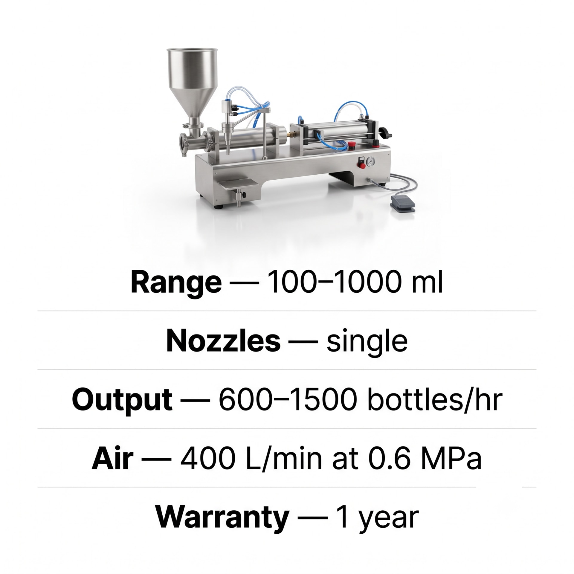 New Vision Machines Pneumatic Liquid Filling Machine 100-1000ml — Single Head — packaging equipment technical specifications and build view 5 by New Vision Machines Indore