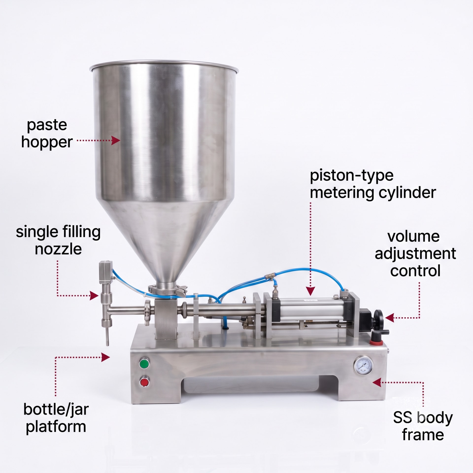 New Vision Machines Semi Automatic Paste Filling Machine 100-1000ml (Single Head) — precision nozzles, filling heads & mechanical assembly