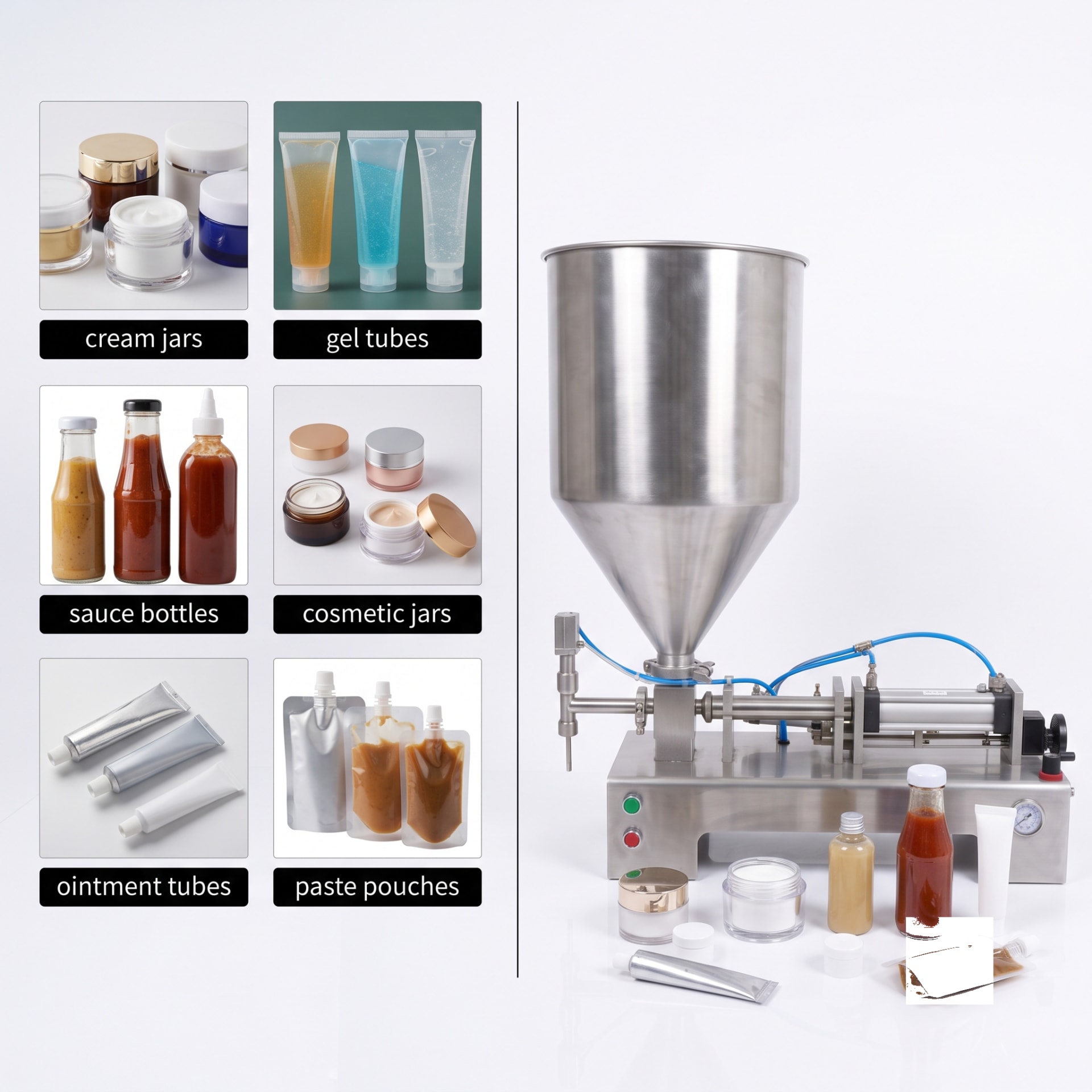New Vision Machines Semi Automatic Paste Filling Machine 100-1000ml (Single Head) — Delta PLC touch screen & automated control panel layout