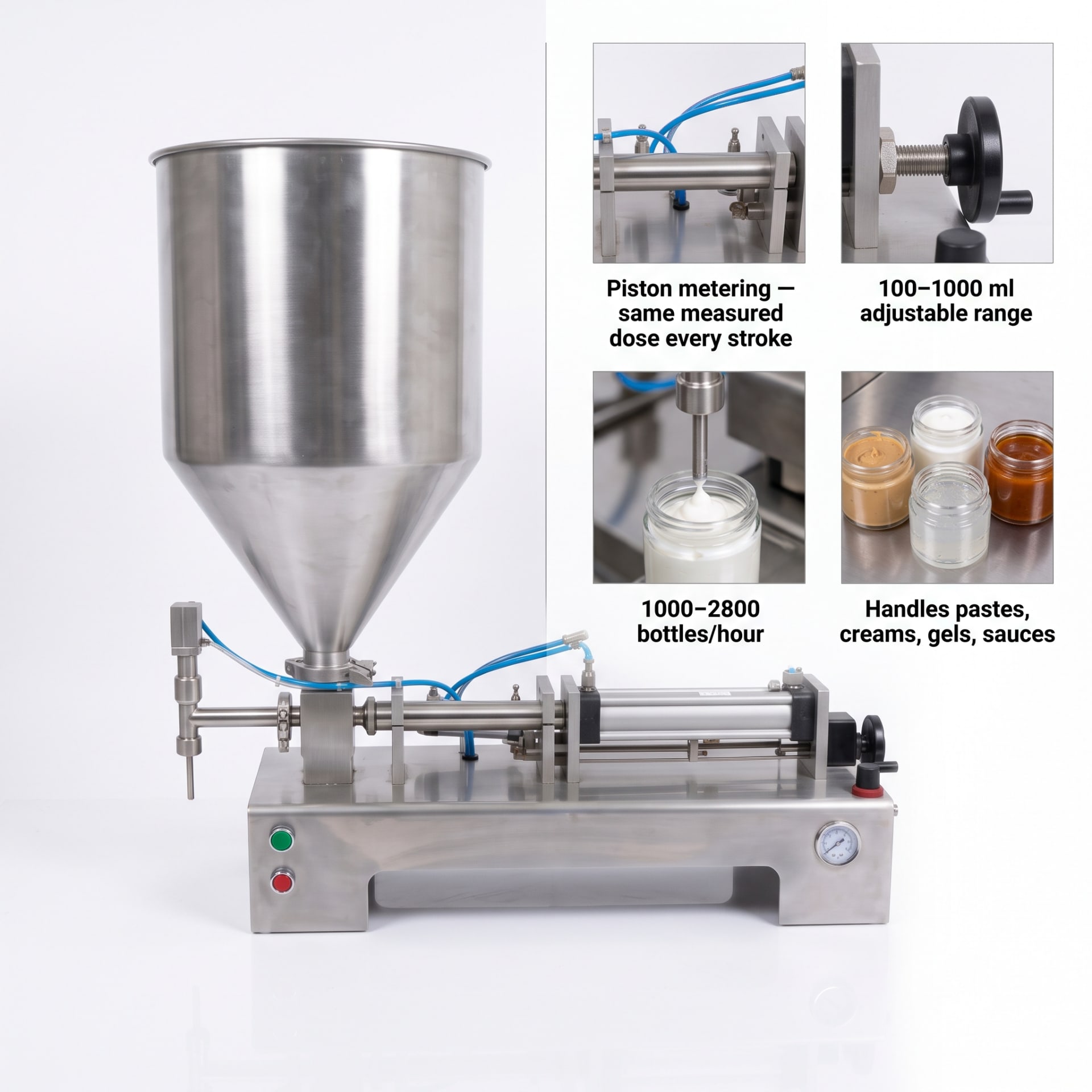 New Vision Machines Semi Automatic Paste Filling Machine 100-1000ml (Single Head) — heavy-duty SS 304 food-grade construction & conveyor setup
