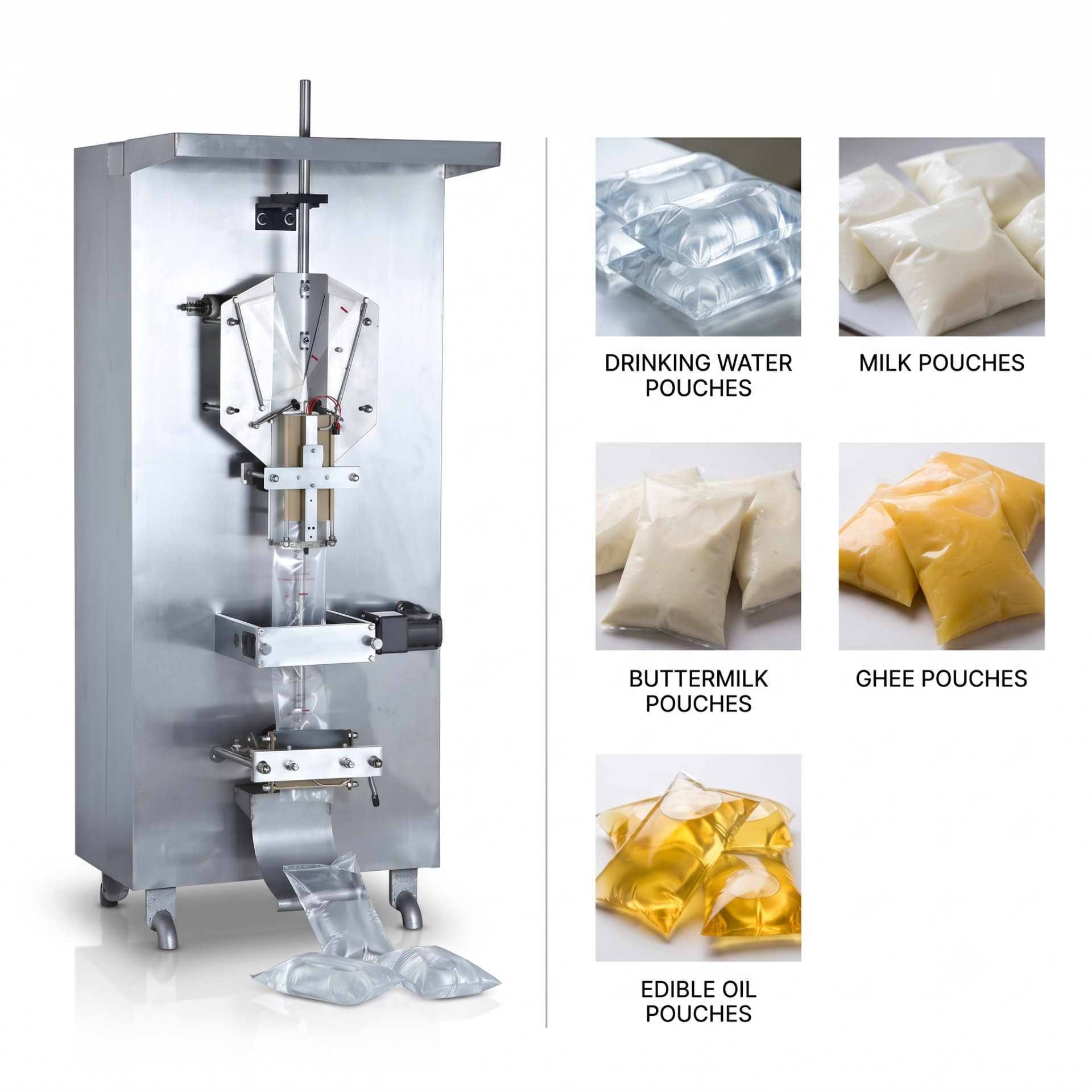 New Vision Machines Automatic Water Pouch Packing Machine — 1000 Pouches/Hour Form Fill Seal — Delta PLC touch screen & automated control panel layout