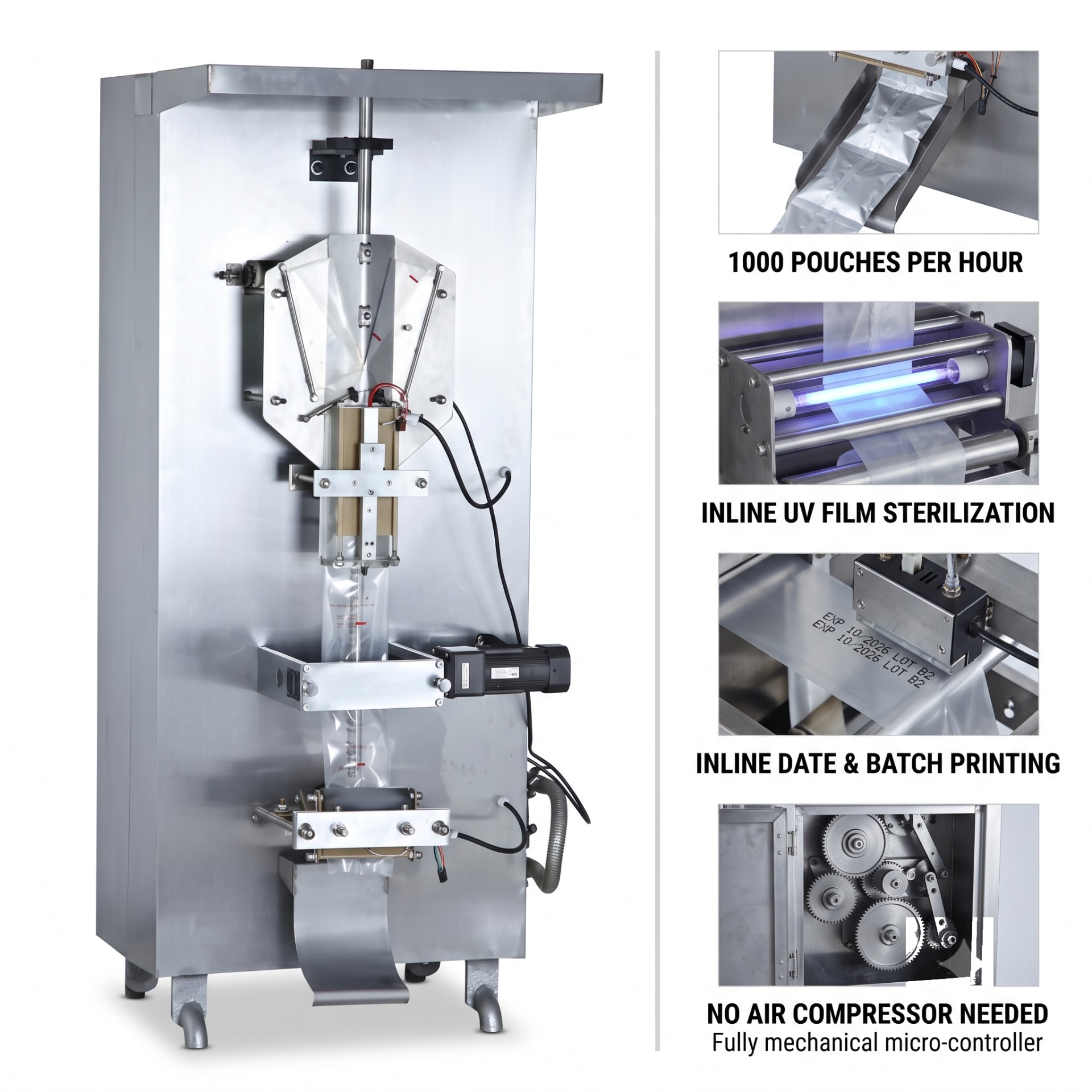 New Vision Machines Automatic Water Pouch Packing Machine — 1000 Pouches/Hour Form Fill Seal — heavy-duty SS 304 food-grade construction & conveyor setup