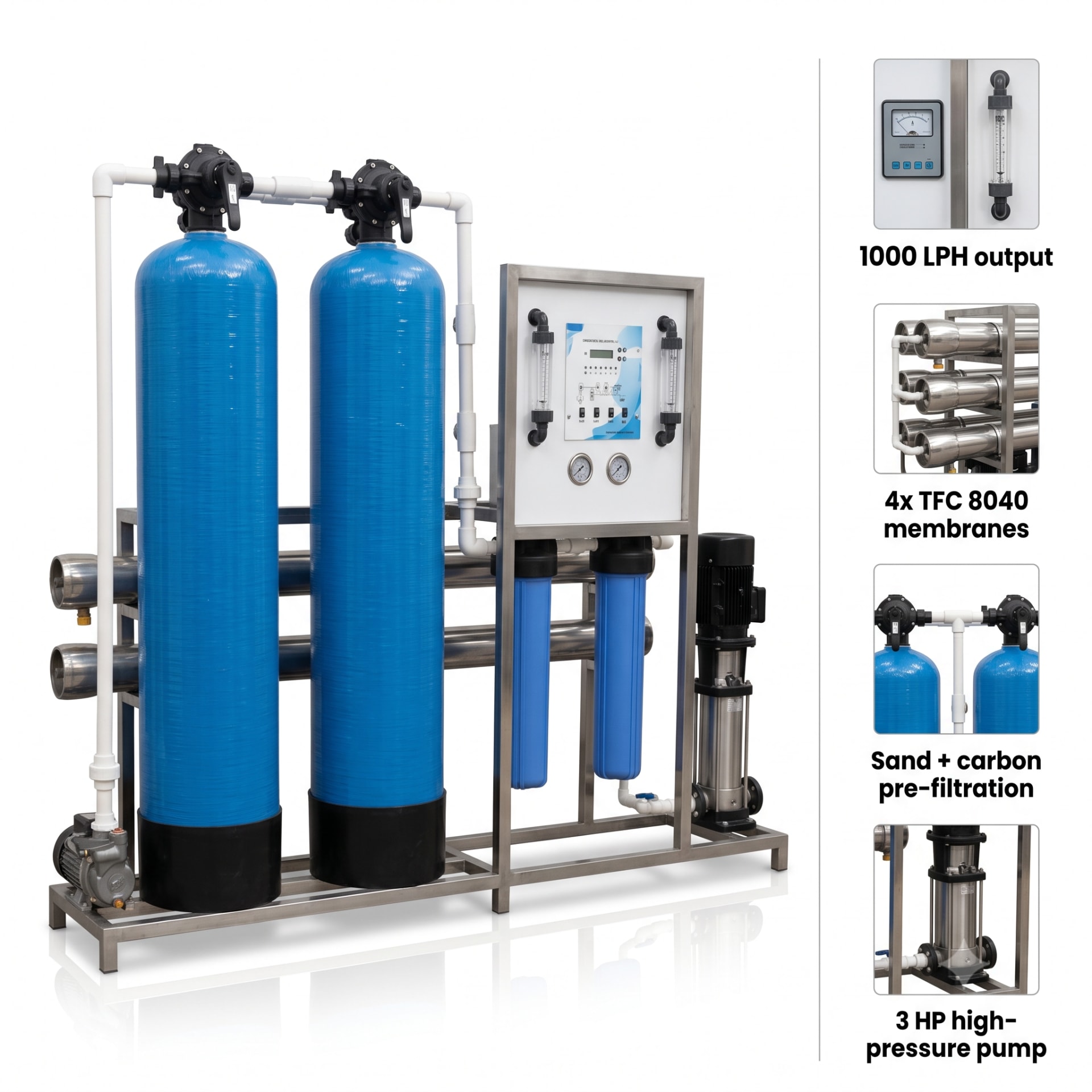 New Vision Machines Industrial RO Plant — 1000 LPH Automatic with TFC Membranes — heavy-duty SS 304 food-grade construction & conveyor setup