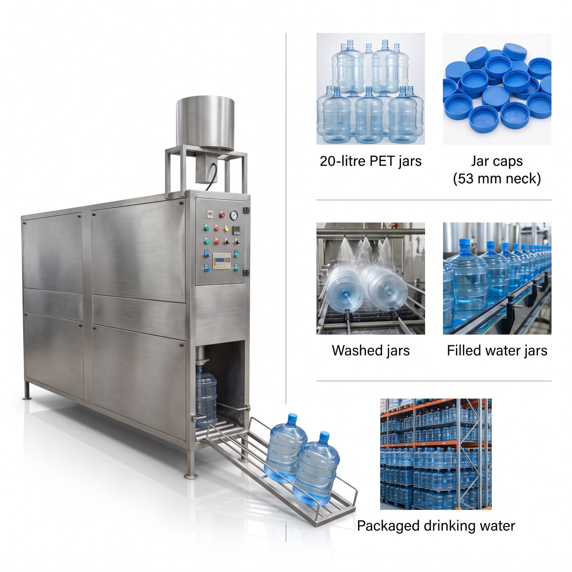 Automatic 20 Litre Water Jar Washing, Filling & Capping Machine — 100–150 JPH RFC Unit — Delta PLC touch screen & automated control panel layout
