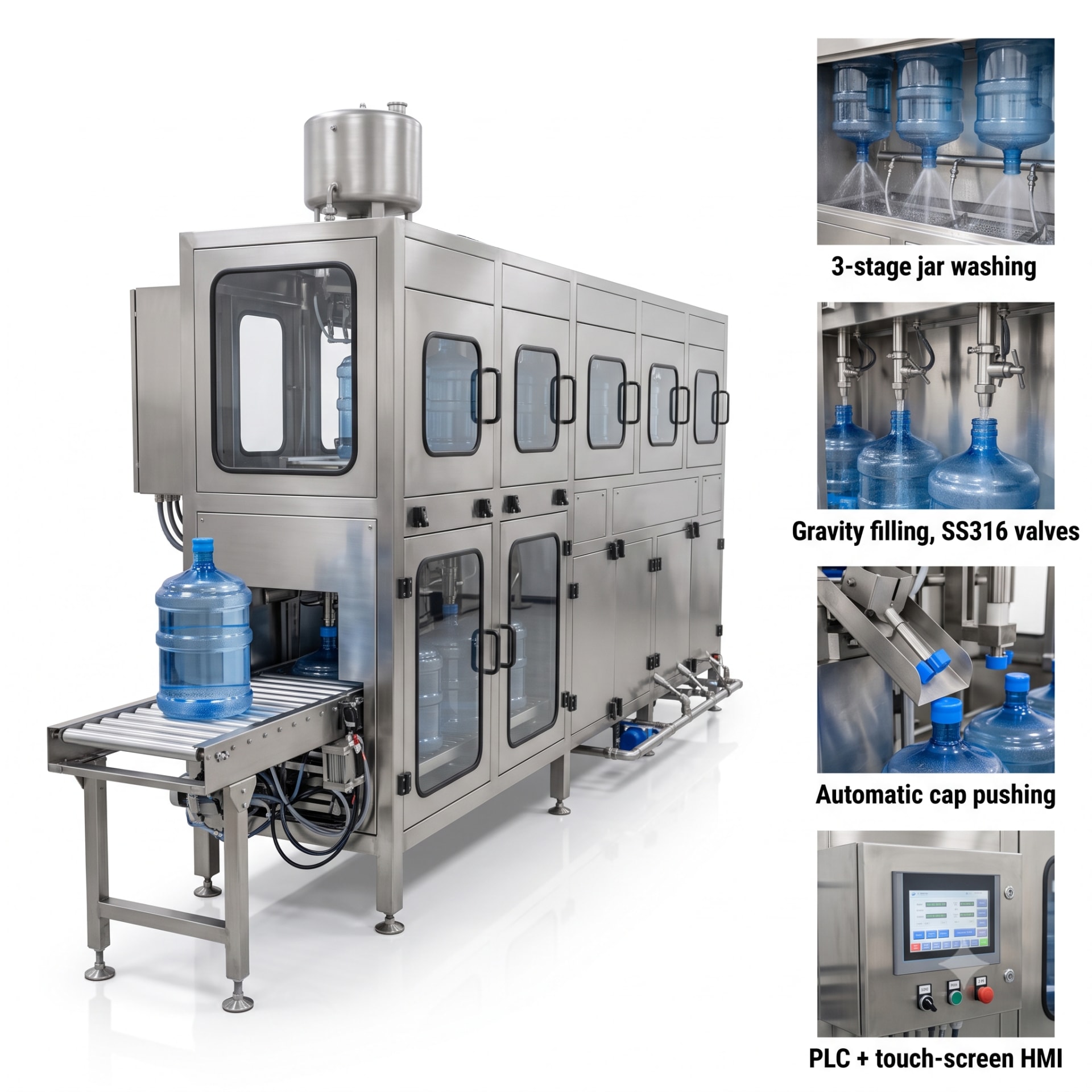 Automatic 20 Litre Water Jar Washing, Filling & Capping Machine — 100–150 JPH RFC Unit — heavy-duty SS 304 food-grade construction & conveyor setup