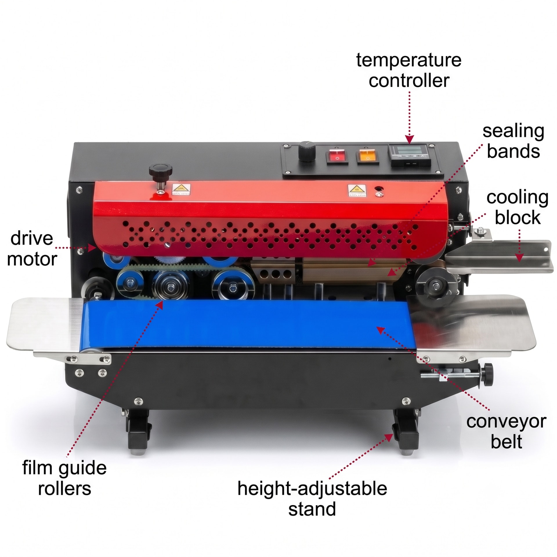 New Vision Machines Mini Band Sealer Machine — Compact Continuous Pouch Sealer for Small Businesses — precision nozzles, filling heads & mechanical assembly