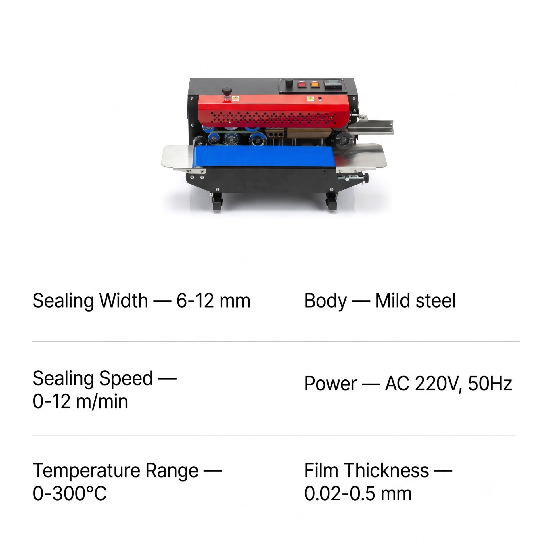 New Vision Machines Mini Band Sealer Machine — Compact Continuous Pouch Sealer for Small Businesses — packaging equipment technical specifications and build view 5 by New Vision Machines Indore