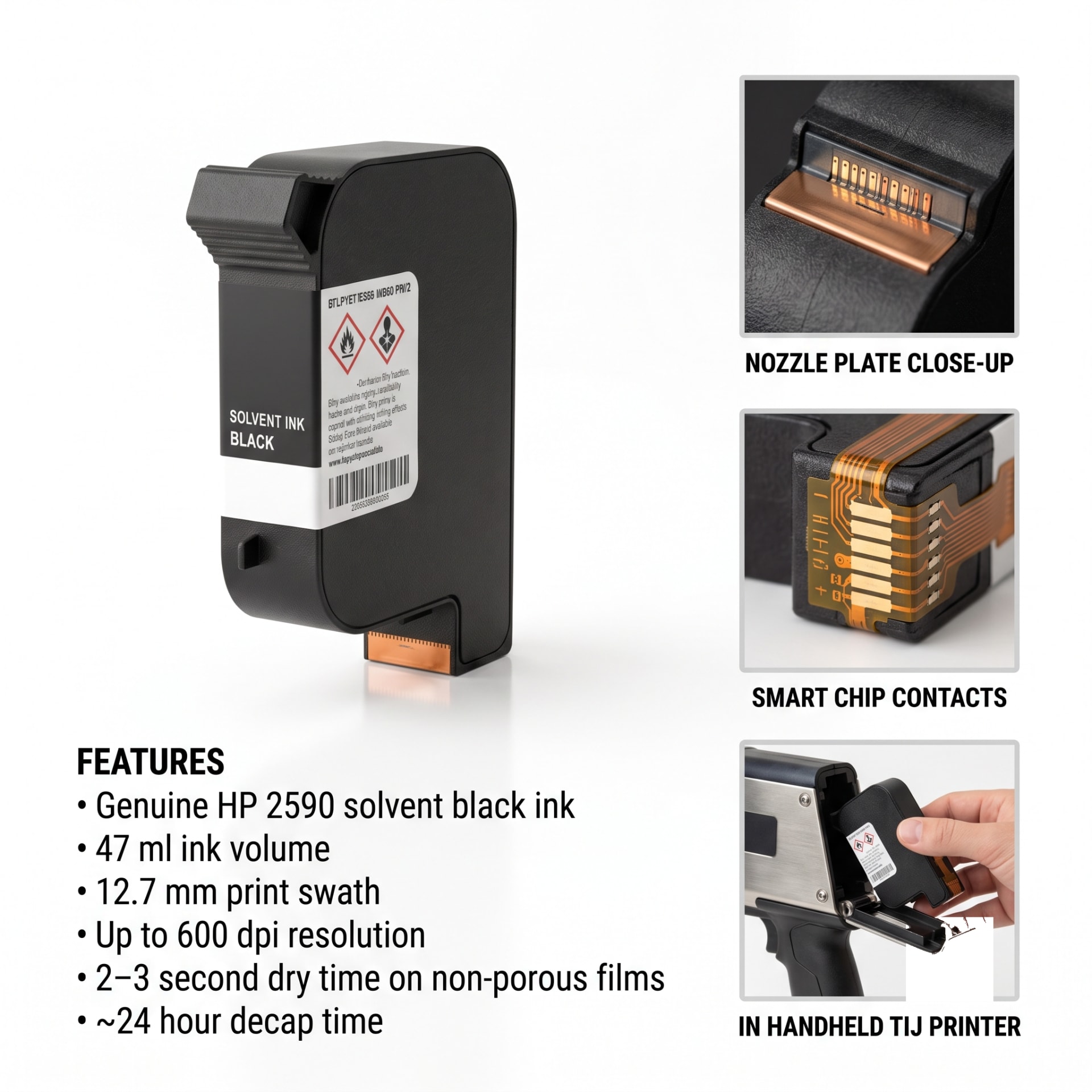 HP 2590 Solvent Ink Cartridge (W3T10B) — 12.7 mm TIJ Black Cartridge for Industrial Coders — heavy-duty SS 304 food-grade construction & conveyor setup
