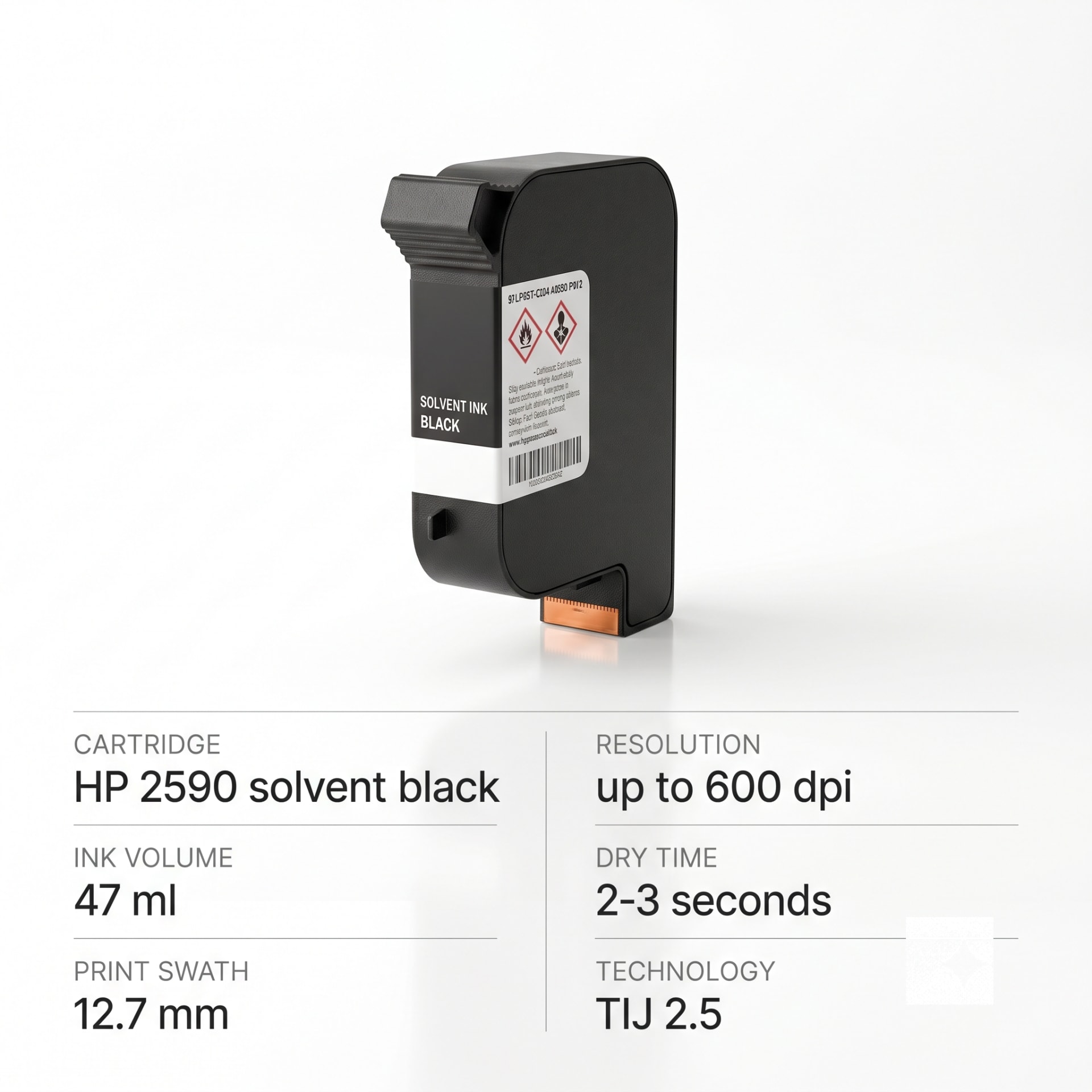 HP 2590 Solvent Ink Cartridge (W3T10B) — 12.7 mm TIJ Black Cartridge for Industrial Coders — packaging equipment technical specifications and build view 5 by New Vision Machines Indore