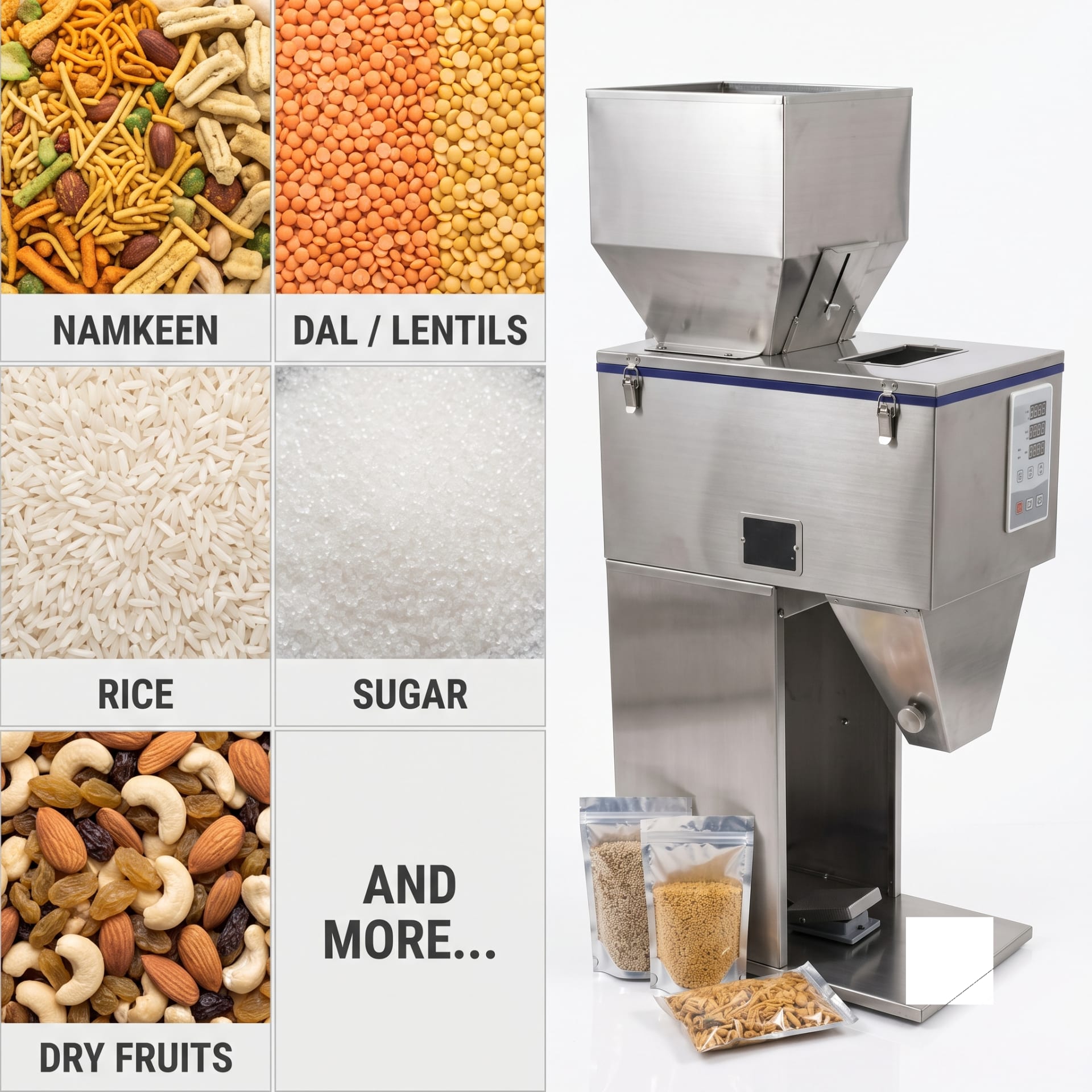 New Vision Machines 200g Weigh Filler Machine for Granules — Semi Automatic Load-Cell Filling Machine — packaging equipment technical specifications and build view 5 by New Vision Machines Indore