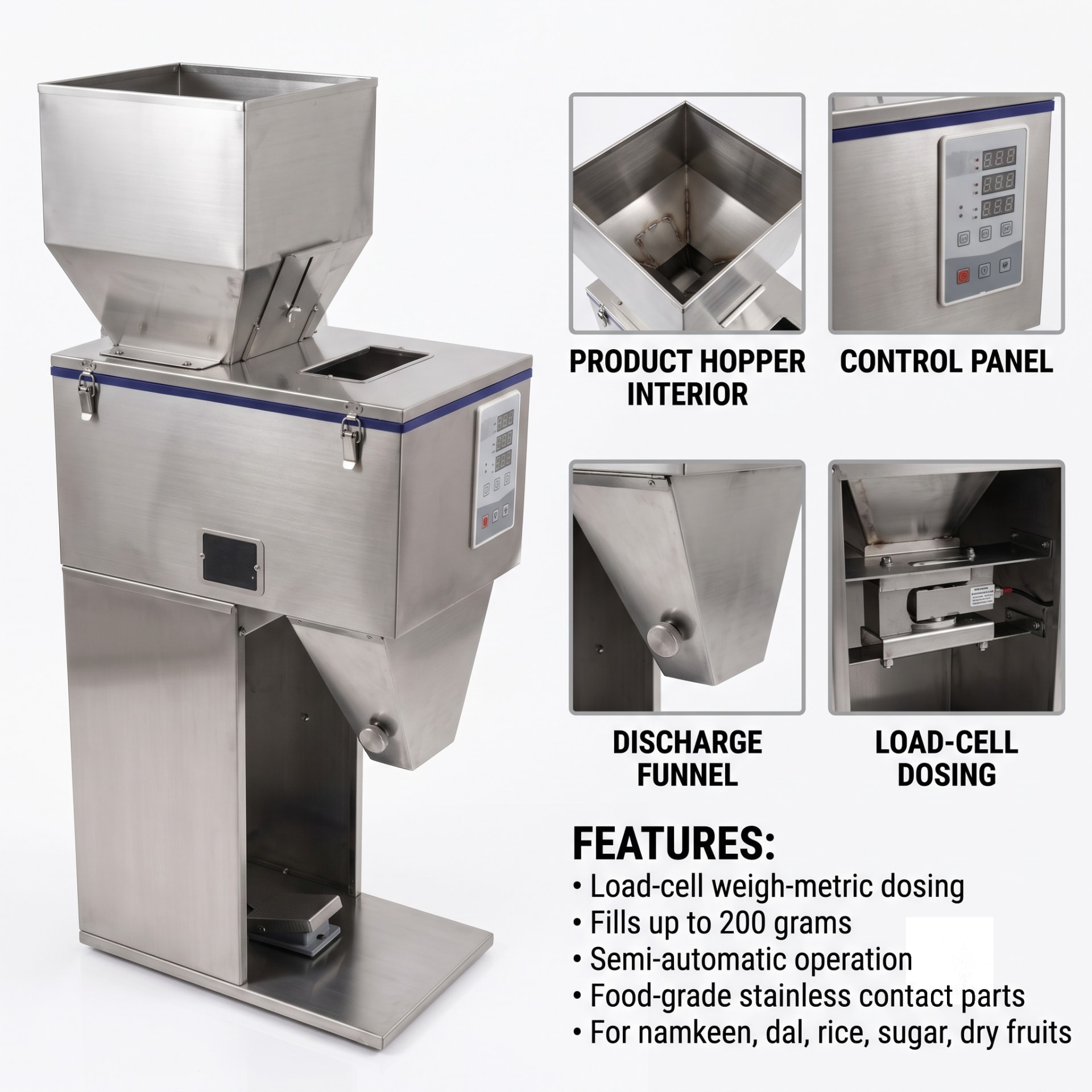New Vision Machines 200g Weigh Filler Machine for Granules — Semi Automatic Load-Cell Filling Machine — precision nozzles, filling heads & mechanical assembly