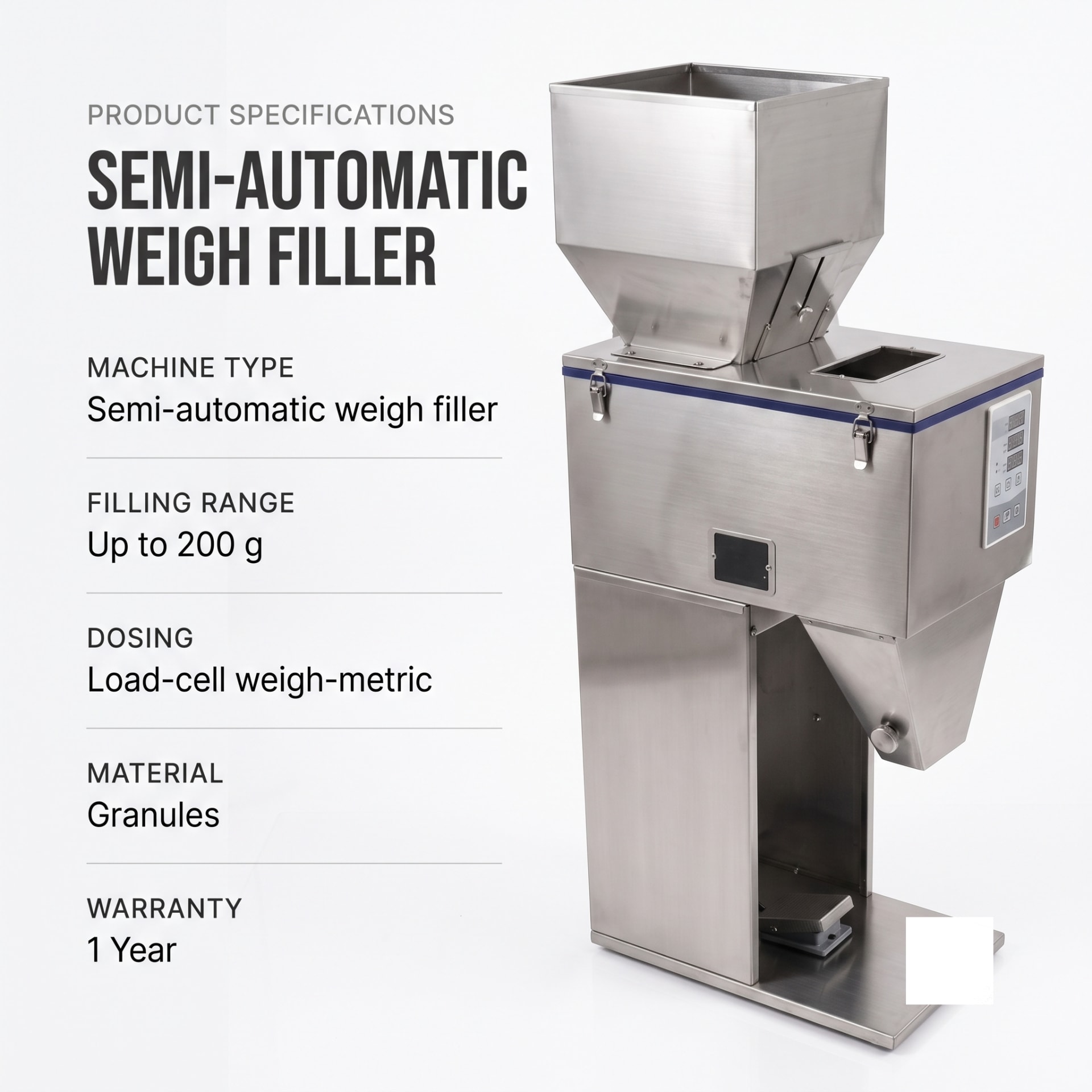 New Vision Machines 200g Weigh Filler Machine for Granules — Semi Automatic Load-Cell Filling Machine — packaging equipment technical specifications and build view 6 by New Vision Machines Indore
