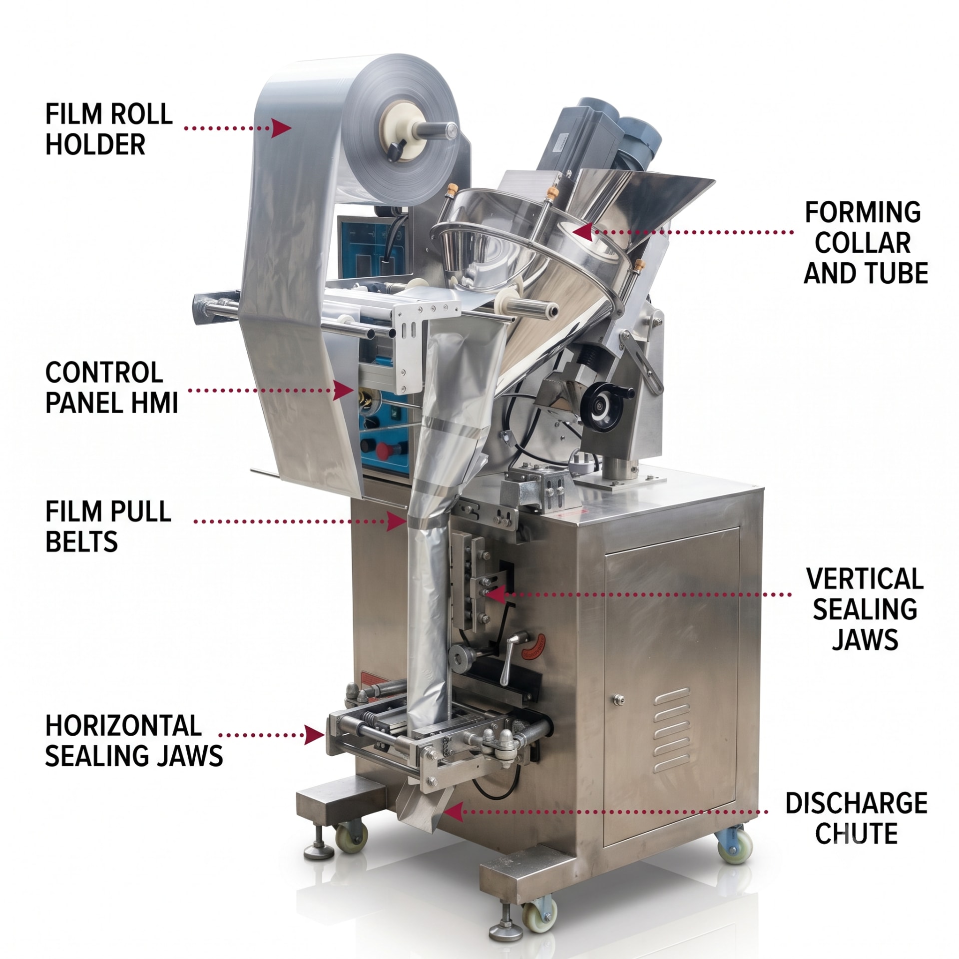 Side Sealer FFS Bagging Machine — 100g Granule Pouch Packer (5–20 cm), Bagger Only Unit — precision nozzles, filling heads & mechanical assembly