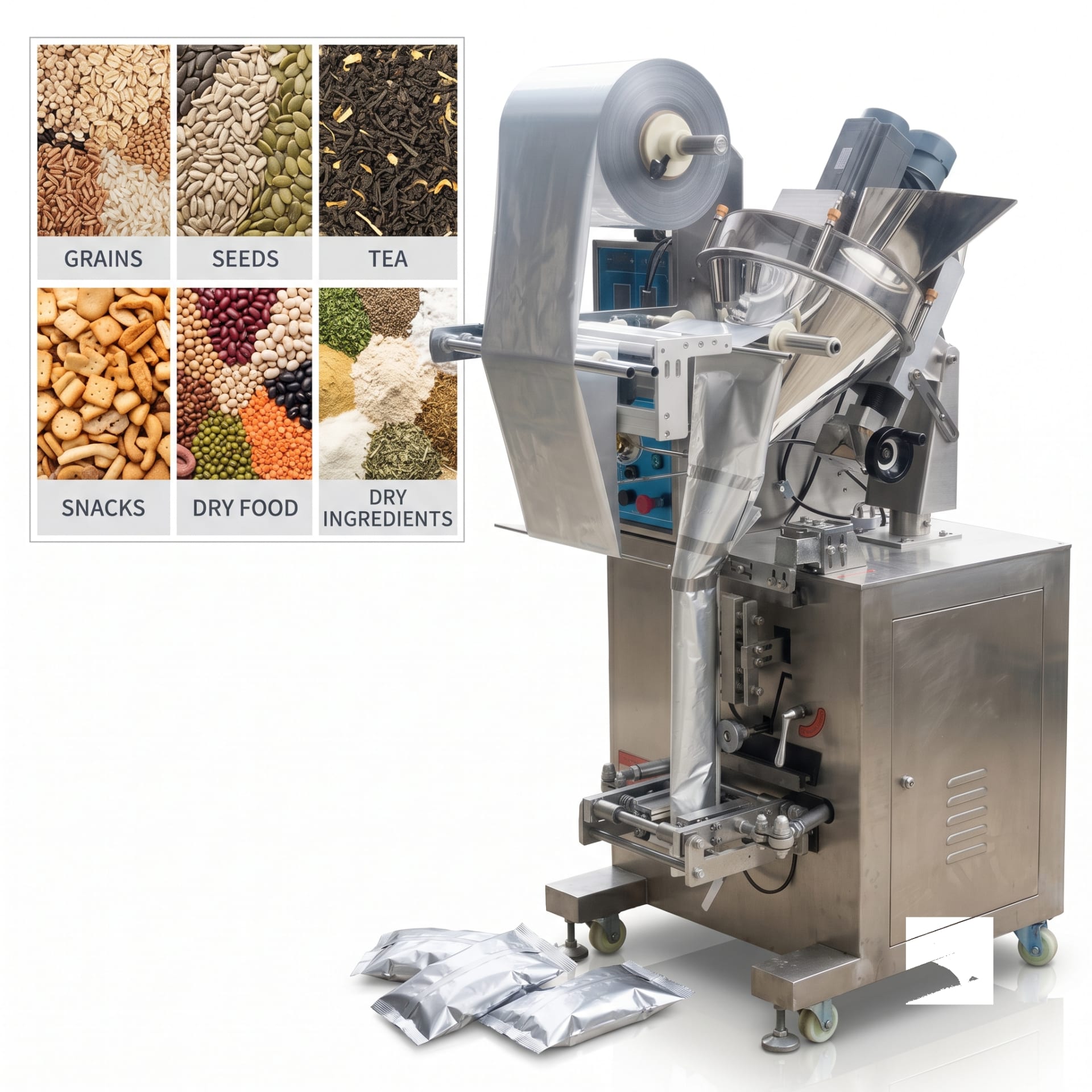 Side Sealer FFS Bagging Machine — 100g Granule Pouch Packer (5–20 cm), Bagger Only Unit — Delta PLC touch screen & automated control panel layout