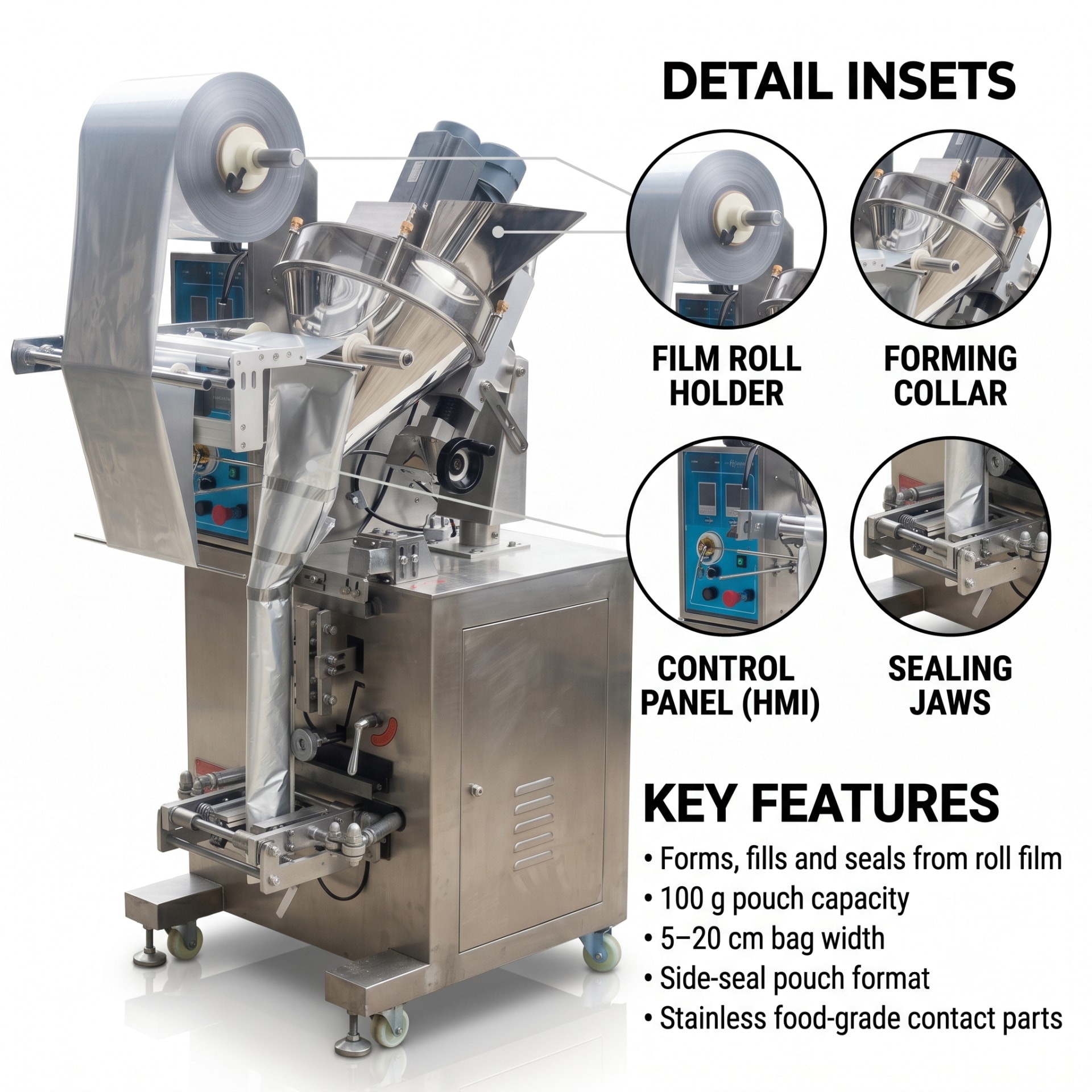 Side Sealer FFS Bagging Machine — 100g Granule Pouch Packer (5–20 cm), Bagger Only Unit — heavy-duty SS 304 food-grade construction & conveyor setup