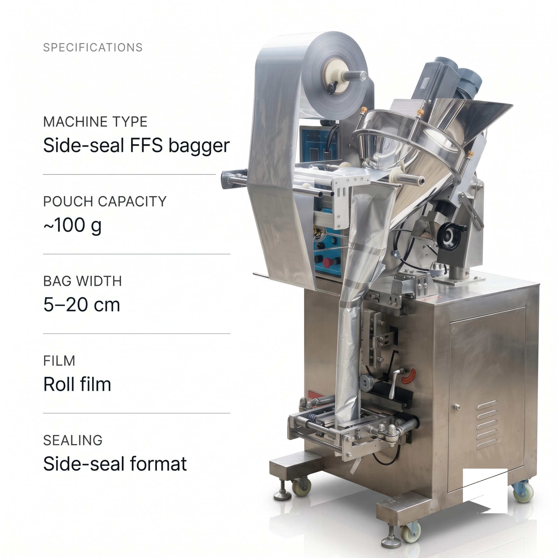 Side Sealer FFS Bagging Machine — 100g Granule Pouch Packer (5–20 cm), Bagger Only Unit — packaging equipment technical specifications and build view 5 by New Vision Machines Indore